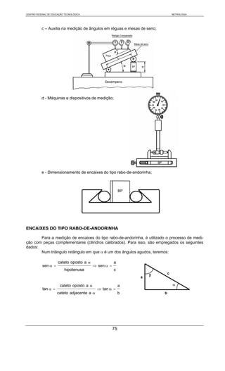 CENTRO FEDERAL DE EDUCAÇÃO TECNOLÓGICA                                            METROLOGIA




           c – Auxilia na medição de ângulos em réguas e mesas de seno;




           d - Máquinas e dispositivos de medição;




           e - Dimensionamento de encaixes do tipo rabo-de-andorinha;



                                                            BP




ENCAIXES DO TIPO RABO-DE-ANDORINHA

       Para a medição de encaixes do tipo rabo-de-andorinha, é utilizado o processo de medi-
ção com peças complementares (cilindros calibrados). Para isso, são empregados os seguintes
dados:
       Num triângulo retângulo em que α é um dos ângulos agudos, teremos:

                      cateto oposto a α                a
           sen α =                         ⇒ sen α =
                           hipotenusa                  c
                                                                     β        c
                                                                 a

                       cateto oposto a α                    a                     α
           tan α =                           ⇒ tan α =
                     cateto adjacente a α                   b             b




                                                       75
 