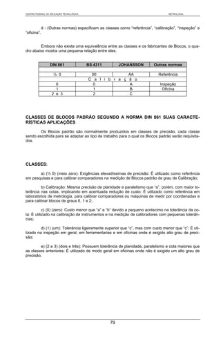 CENTRO FEDERAL DE EDUCAÇÃO TECNOLÓGICA                                             METROLOGIA




             d - (Outras normas) especificam as classes como “referência”, “calibração”, “inspeção” e
“oficina”.


         Embora não exista uma equivalência entre as classes e os fabricantes de Blocos, o qua-
dro abaixo mostra uma pequena relação entre eles.


                 DIN 861                 BS 4311        JOHANSSON          Outras normas

                   ½ 0                    00             AA                   Referência
                                         C a l i b r a ç ã o
                    0                      0              A                    Inspeção
                    1                      1              B                     Oficina
                  2 e 3                    2             C




CLASSES DE BLOCOS PADRÃO SEGUNDO A NORMA DIN 861 SUAS CARACTE-
RÍSTICAS APLICAÇÕES

        Os Blocos padrão são normalmente produzidos em classes de precisão, cada classe
sendo escolhida para se adaptar ao tipo de trabalho para o qual os Blocos padrão serão requisita-
dos.




CLASSES:

       a) (½ 0) (meio zero): Exigências elevadíssimas de precisão: É utilizado como referência
em pesquisas e para calibrar comparadores na medição de Blocos padrão de grau de Calibração;

         b) Calibração: Mesma precisão de planidade e paralelismo que “a”, porém, com maior to-
lerância nas cotas, implicando em acentuada redução de custo: É utilizado como referência em
laboratórios de metrologia, para calibrar comparadores ou máquinas de medir por coordenadas e
para calibrar blocos de graus 0, 1 e 2;

           c) (0) (zero): Custo menor que “a” e “b” devido a pequeno acréscimo na tolerância da co-
ta: É utilizado na calibração de instrumentos e na medição de calibradores com pequenas tolerân-
cias;

         d) (1) (um): Tolerância ligeiramente superior que “c”, mas com custo menor que “c”: É uti-
lizado na inspeção em geral, em ferramentarias e em oficinas onde é exigido alto grau de preci-
são;

        e) (2 e 3) (dois e três): Possuem tolerância de planidade, paralelismo e cota maiores que
as classes anteriores: É utilizado de modo geral em oficinas onde não é exigido um alto grau de
precisão.




                                                   79
 