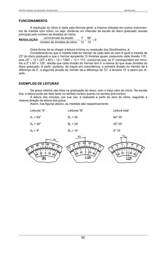 CENTRO FEDERAL DE EDUCAÇÃO TECNOLÓGICA                                            METROLOGIA




FUNCIONAMENTO

         A resolução do nônio é dada pela fórmula geral, a mesma utilizada em outros instrumen-
tos de medida com nônio, ou seja: divide-se um intervalo da escala do disco graduado (escala
principal) pelo número de divisões do nônio.
                   um int ervalo da escala     1º 60'
RESOLUÇÃO:                                   =   =    = 5'
                 número de divisões do nônio 12 12

         Outra forma de se chegar a leitura mínima ou resolução dos Goniômetros, é:
         Considerando-se que a medida total do Vernier de cada lado do zero é igual a medida de
23o do disco graduado e que o Vernier apresenta 12 divisões iguais, possuindo cada divisão 115’,
pois 23o ÷ 12 = (23o x 60’) ÷ 12 = 1380’ ÷ 12 = 115’. conclui-se que, se 2o correspondem em minu-
tos a 2o x 60’ = 120’, resulta que cada divisão do Vernier tem 5’ a menos do que duas divisões do
disco graduado. A partir, portanto, de traços em coincidência, a primeira divisão do Vernier dá a
diferença de 5’, a segunda divisão do Vernier dá a diferença de 10’, a terceira 15’ e assim por di-
ante.


EXEMPLOS DE LEITURAS

           Os graus inteiros são lidos na graduação do disco, com o traço zero do nônio. Na escala
fixa, a leitura pode ser feita tanto no sentido horário quanto no sentido anti-horário.
           A leitura dos minutos, por sua vez, é realizada a partir do zero do nônio, seguindo a
mesma direção da leitura dos graus.
           Assim, nas figuras abaixo, as medidas são respectivamente:

           Leituras “A”                  Leituras “B”                   Leitura total

           A1 = 64o                      B1 = 30’                       64o 30’

           A2 = 42o                      B2 = 20’                       42o 20’

           A3 = 9o                       B3 = 15’                       9o 15’




                                                    82
 
