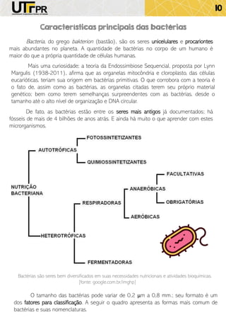 10
Características principais das bactérias
Bacteria, do grego bakterion (bastão), são os seres unicelulares e procariontes
mais abundantes no planeta. A quantidade de bactérias no corpo de um humano é
maior do que a própria quantidade de células humanas.
Mais uma curiosidade; a teoria da Endossimbiose Sequencial, proposta por Lynn
Margulis (1938-2011), afirma que as organelas mitocôndria e cloroplasto, das células
eucarióticas, teriam sua origem em bactérias primitivas. O que corrobora com a teoria é
o fato de, assim como as bactérias, as organelas citadas terem seu próprio material
genético; bem como terem semelhanças surpreendentes com as bactérias, desde o
tamanho até o alto nível de organização e DNA circular.
O tamanho das bactérias pode variar de 0,2 μm a 0,8 mm.; seu formato é um
dos fatores para classificação. A seguir o quadro apresenta as formas mais comum de
bactérias e suas nomenclaturas.
Bactérias são seres bem diversificados em suas necessidades nutricionais e atividades bioquímicas.
[fonte: google.com.br/imghp]
De fato, as bactérias estão entre os seres mais antigos já documentados; há
fósseis de mais de 4 bilhões de anos atrás. E ainda há muito o que aprender com estes
microrganismos.
 