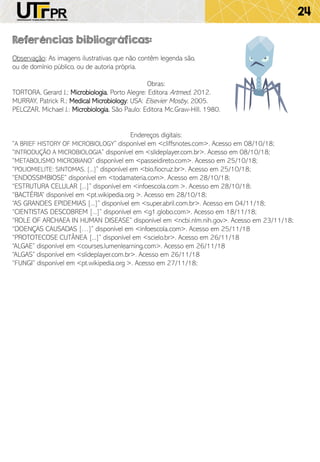 Referências bibliográficas:
Observação: As imagens ilustrativas que não contêm legenda são,
ou de domínio público, ou de autoria própria.
Obras:
TORTORA, Gerard J.; Microbiologia, Porto Alegre: Editora Artmed, 2012.
MURRAY, Patrick R.; Medical Microbiology: USA: Elsevier Mosby, 2005.
PELCZAR, Michael J.: Microbiologia, São Paulo: Editora Mc.Graw-Hill, 1980.
Endereços digitais:
“A BRIEF HISTORY OF MICROBIOLOGY” disponível em <cliffsnotes.com>. Acesso em 08/10/18;
“INTRODUÇÃO A MICROBIOLOGIA” disponível em <slideplayer.com.br>. Acesso em 08/10/18;
“METABOLISMO MICROBIANO” disponível em <passeidireto.com>. Acesso em 25/10/18;
“POLIOMIELITE: SINTOMAS, [...]” disponível em <bio.fiocruz.br>. Acesso em 25/10/18;
“ENDOSSIMBIOSE” disponível em <todamateria.com>. Acesso em 28/10/18;
“ESTRUTURA CELULAR [...]” disponível em <infoescola.com >. Acesso em 28/10/18;
“BACTÉRIA” disponível em <pt.wikipedia.org >. Acesso em 28/10/18;
“AS GRANDES EPIDEMIAS [...]” disponível em <super.abril.com.br>. Acesso em 04/11/18;
“CIENTISTAS DESCOBREM [...]” disponível em <g1.globo.com>. Acesso em 18/11/18;
“ROLE OF ARCHAEA IN HUMAN DISEASE” disponível em <ncbi.nlm.nih.gov>. Acesso em 23/11/18;
“DOENÇAS CAUSADAS […]” disponível em <infoescola.com>. Acesso em 25/11/18
“PROTOTECOSE CUTÂNEA [...]” disponível em <scielo.br>. Acesso em 26/11/18
“ALGAE” disponível em <courses.lumenlearning.com>. Acesso em 26/11/18
“ALGAS” disponível em <slideplayer.com.br>. Acesso em 26/11/18
“FUNGI” disponível em <pt.wikipedia.org >. Acesso em 27/11/18;
24
 