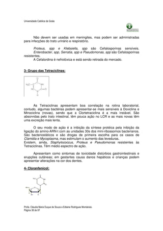 Universidade Católica de Goiás




       Não devem ser usadas em meningites, mas podem ser administradas
para infecções do trato urinário e respiratório.

       Proteus, spp e Klebsiella, spp são Cefalosporinas sensíveis.
       Enterobacter, spp, Serratia, spp e Pseudomonas, spp são Cefalosporinas
resistentes.
       A Cefalordina é nefrotóxica e está sendo retirada do mercado.


3- Grupo das Tetraciclinas:




      As Tetraciclinas apresentam boa correlação na rotina laboratorial,
contudo, algumas bactérias podem apresentar-se mais sensíveis à Doxiclina e
Minociclina (novas), sendo que a Clortetraciclina é a mais instável. São
absorvidas pelo trato intestinal, têm pouca ação no LCR e as mais novas têm
uma excreção mais lenta.

       O seu modo de ação é a inibição da síntese protéica pela inibição da
ligação do amino-ARN-t com as unidades 30s dos mini-ribossomos bacterianos.
São bacteriostáticos e são drogas de primeira escolha para os casos de
Clamidia e Mycoplasma, mas estimulam o aumento das leveduras.
Existem, ainda, Staphylococcus, Proteus e Pseudomonas resistentes às
Tetraciclinas. Têm médio espectro de ação.

      Apresentam como sintomas de toxicidade distúrbios gastrointestinais e
erupções cutâneas; em gestantes causa danos hepáticos e crianças podem
apresentar alterações na cor dos dentes.

4- Cloranfenicol:




Profa. Cláudia Maria Duque de Souza e Edlaine Rodrigues Montalváo.
Página 38 de 87
 