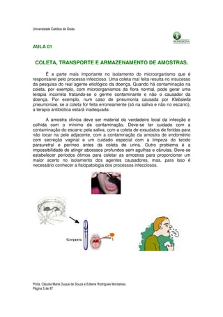 Universidade Católica de Goiás



AULA 01


 COLETA, TRANSPORTE E ARMAZENAMENTO DE AMOSTRAS.

       É a parte mais importante no isolamento do microorganismo que é
responsável pelo processo infeccioso. Uma coleta mal feita resulta no insucesso
da pesquisa do real agente etiológico da doença. Quando há contaminação na
coleta, por exemplo, com microorganismos da flora normal, pode gerar uma
terapia incorreta tratando-se o germe contaminante e não o causador da
doença. Por exemplo, num caso de pneumonia causada por Klebsiella
pneumoniae, se a coleta for feita erroneamente (só na saliva e não no escarro),
a terapia antibiótica estará inadequada.

       A amostra clínica deve ser material do verdadeiro local da infecção e
colhida com o mínimo de contaminação. Deve-se ter cuidado com a
contaminação do escarro pela saliva, com a coleta de exsudatos de feridas para
não tocar na pele adjacente, com a contaminação da amostra de endométrio
com secreção vaginal e um cuidado especial com a limpeza do tecido
parauretral e períneo antes da coleta de urina. Outro problema é a
impossibilidade de atingir abcessos profundos sem agulhas e cânulas. Deve-se
estabelecer períodos ótimos para coletar as amostras para proporcionar um
maior acerto no isolamento dos agentes causadores, mas, para isso é
necessário conhecer a fisiopatologia dos processos infecciosos.




Profa. Cláudia Maria Duque de Souza e Edlaine Rodrigues Montalváo.
Página 5 de 87
 