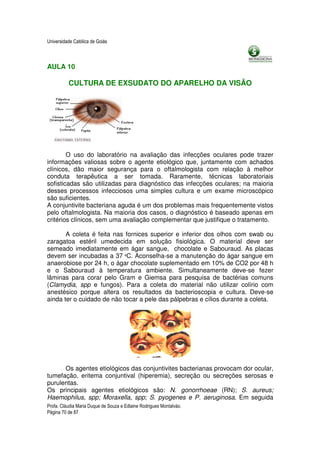 Universidade Católica de Goiás



AULA 10

          CULTURA DE EXSUDATO DO APARELHO DA VISÃO




        O uso do laboratório na avaliação das infecções oculares pode trazer
informações valiosas sobre o agente etiológico que, juntamente com achados
clínicos, dão maior segurança para o oftalmologista com relação à melhor
conduta terapêutica a ser tomada. Raramente, técnicas laboratoriais
sofisticadas são utilizadas para diagnóstico das infecções oculares; na maioria
desses processos infecciosos uma simples cultura e um exame microscópico
são suficientes.
A conjuntivite bacteriana aguda é um dos problemas mais frequentemente vistos
pelo oftalmologista. Na maioria dos casos, o diagnóstico é baseado apenas em
critérios clínicos, sem uma avaliação complementar que justifique o tratamento.

       A coleta é feita nas fornices superior e inferior dos olhos com swab ou
zaragatoa estéril umedecida em solução fisiológica. O material deve ser
semeado imediatamente em ágar sangue, chocolate e Sabouraud. As placas
devem ser incubadas a 37 ºC. Aconselha-se a manutenção do ágar sangue em
anaerobiose por 24 h, o ágar chocolate suplementado em 10% de CO2 por 48 h
e o Sabouraud à temperatura ambiente. Simultaneamente deve-se fezer
lâminas para corar pelo Gram e Giemsa para pesquisa de bactérias comuns
(Clamydia, spp e fungos). Para a coleta do material não utilizar colírio com
anestésico porque altera os resultados da bacterioscopia e cultura. Deve-se
ainda ter o cuidado de não tocar a pele das pálpebras e cílios durante a coleta.




      Os agentes etiológicos das conjuntivites bacterianas provocam dor ocular,
tumefação, eritema conjuntival (hiperemia), secreção ou secreções serosas e
purulentas.
Os principais agentes etiológicos são: N. gonorrhoeae (RN); S. aureus;
Haemophilus, spp; Moraxella, spp; S. pyogenes e P. aeruginosa. Em seguida
Profa. Cláudia Maria Duque de Souza e Edlaine Rodrigues Montalváo.
Página 70 de 87
 