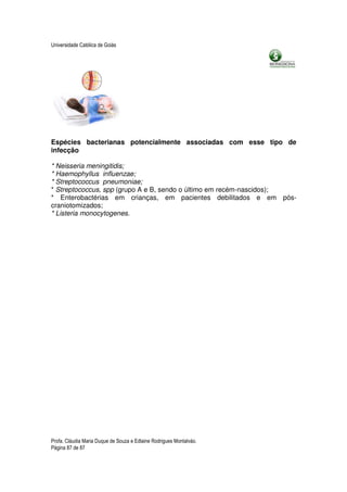 Universidade Católica de Goiás




Espécies bacterianas potencialmente associadas com esse tipo de
infecção

* Neisseria meningitidis;
* Haemophyllus influenzae;
* Streptococcus pneumoniae;
* Streptococcus, spp (grupo A e B, sendo o último em recém-nascidos);
* Enterobactérias em crianças, em pacientes debilitados e em pós-
craniotomizados;
* Listeria monocytogenes.




Profa. Cláudia Maria Duque de Souza e Edlaine Rodrigues Montalváo.
Página 87 de 87
 