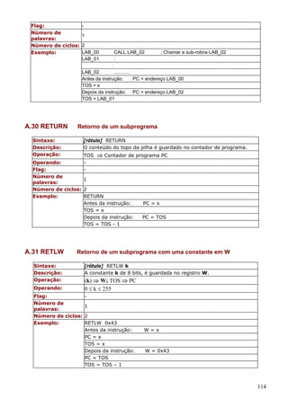 Flag:
Número de
1
palavras:
Número de ciclos: 2
LAB_00
Exemplo:
LAB_01

CALL LAB_02
; Chamar a sub-rotina LAB_02
:
:
LAB_02
............
Antes da instrução:
PC = endereço LAB_00
TOS = x
Depois da instrução: PC = endereço LAB_02
TOS = LAB_01

A.30 RETURN
Sintaxe:
Descrição:
Operação:

Retorno de um subprograma
[rótulo] RETURN
O conteúdo do topo da pilha é guardado no contador de programa.

TOS ⇒ Contador de programa PC
Operando:
Flag:
Número de
1
palavras:
Número de ciclos: 2
Exemplo:
RETURN
Antes da instrução:
PC = x
TOS = x
Depois da instrução:
PC = TOS
TOS = TOS - 1

A.31 RETLW
Sintaxe:
Descrição:
Operação:
Operando:

Retorno de um subprograma com uma constante em W
[rótulo] RETLW k
A constante k de 8 bits, é guardada no registro W.

(k) ⇒ W; TOS ⇒ PC
0 ≤ k ≤ 255

Flag:
Número de
1
palavras:
Número de ciclos: 2
Exemplo:
RETLW 0x43
Antes da instrução:
PC = x
TOS = x
Depois da instrução:
PC = TOS
TOS = TOS – 1

W=x

W = 0x43

114

 