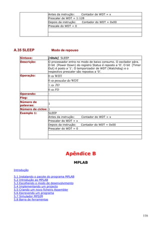 Antes da instrução:
Contador de WDT = x
Prescaler de WDT = 1:128
Depois da instrução:
Contador do WDT = 0x00
Prescale do WDT = 0

A.35 SLEEP

Modo de repouso

Sintaxe:
Descrição:

[rótulo] SLEEP
O processador entra no modo de baixo consumo. O oscilador pára.
O bit (Power Down) do registro Status é reposto a ‘0’. O bit (Timer
Out) é posto a ‘1’. O temporizador de WDT (Watchdog) e o
respectivo prescaler são repostos a ‘0’.

Operação:

0 ⇒ WDT
0 ⇒ prescaler do WDT
1 ⇒ ΤΟ
0 ⇒ PD

Operando:
Flag:

-

Número de
1
palavras:
Número de ciclos: 1
Exemplo 1:
SLEEP
Antes da instrução:
Prescaler do WDT = x
Depois da instrução:
Prescaler do WDT = 0

Contador do WDT = x
Contador do WDT = 0x00

Apêndice B
MPLAB
Introdução
5.1
5.2
5.3
5.4
5.5
5.6
5.7
5.8

Instalando o pacote do programa MPLAB
Introdução ao MPLAB
Escolhendo o modo de desenvolvimento
Implementando um projecto
Criando um novo ficheiro Assembler
Escrevendo um programa
Simulador MPSIM
Barra de ferramentas

116

 