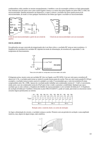 condensadores estão contidos no mesmo encapsulamento, é também o caso do ressonador cerâmico ao lado representado.
Este elemento tem três pinos com o pino central ligado à massa e os outros dois pinos ligados aos pinos OSC1 e OSC2 do
microcontrolador. Quando projetamos um dispositivo, a regra é colocar o oscilador tão perto quanto possível do
microcontrolador, de modo a evitar qualquer interferência nas linhas que ligam o oscilador ao microcontrolador.

Clock de um microcontrolador a partir de um cristal de
quartzo

Clock de um microcontrolador com um ressonador

OSCILADOR RC
Em aplicações em que a precisão da temporização não é um fator crítico, o oscilador RC torna-se mais econômico. A
freqüência de ressonância do oscilador RC depende da tensão de alimentação, da resistência R, capacidade C e da
temperatura de funcionamento.

O diagrama acima, mostra como um oscilador RC deve ser ligado a um PIC16F84. Com um valor para a resistência R
abaixo de 2,2 K, o oscilador pode tornar-se instável ou pode mesmo parar de oscilar. Para um valor muito grande R (1M por
exemplo), o oscilador torna-se muito sensível à unidade e ao ruído. É recomendado que o valor da resistência R esteja
compreendido entre 3K e 100K. Apesar de o oscilador poder trabalhar sem condensador externo (C = 0 pF), é conveniente,
ainda assim, usar um condensador acima de 20 pF para evitar o ruído e aumentar a estabilidade. Qualquer que seja o
oscilador que se está a utilizar, a freqüência de trabalho do microcontrolador é a do oscilador dividida por 4. A freqüência
de oscilação dividida por 4 também é fornecida no pino OSC2/CLKOUT e, pode ser usada, para testar ou sincronizar outros
circuitos lógicos pertencentes ao sistema.

Relação entre o sinal de clock e os ciclos de instrução
Ao ligar a alimentação do circuito, o oscilador começa a oscilar. Primeiro com um período de oscilação e uma amplitude
instáveis, mas, depois de algum tempo, tudo estabiliza.

15

 