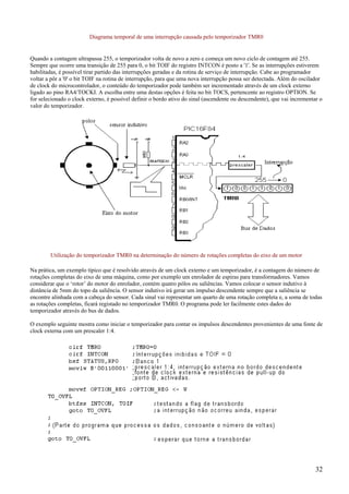 Diagrama temporal de uma interrupção causada pelo temporizador TMR0

Quando a contagem ultrapassa 255, o temporizador volta de novo a zero e começa um novo ciclo de contagem até 255.
Sempre que ocorre uma transição de 255 para 0, o bit TOIF do registro INTCON é posto a '1'. Se as interrupções estiverem
habilitadas, é possível tirar partido das interrupções geradas e da rotina de serviço de interrupção. Cabe ao programador
voltar a pôr a '0' o bit TOIF na rotina de interrupção, para que uma nova interrupção possa ser detectada. Além do oscilador
de clock do microcontrolador, o conteúdo do temporizador pode também ser incrementado através de um clock externo
ligado ao pino RA4/TOCKI. A escolha entre uma destas opções é feita no bit TOCS, pertencente ao registro OPTION. Se
for selecionado o clock externo, é possível definir o bordo ativo do sinal (ascendente ou descendente), que vai incrementar o
valor do temporizador.

Utilização do temporizador TMR0 na determinação do número de rotações completas do eixo de um motor
Na prática, um exemplo típico que é resolvido através de um clock externo e um temporizador, é a contagem do número de
rotações completas do eixo de uma máquina, como por exemplo um enrolador de espiras para transformadores. Vamos
considerar que o ‘rotor’ do motor do enrolador, contém quatro pólos ou saliências. Vamos colocar o sensor indutivo à
distância de 5mm do topo da saliência. O sensor indutivo irá gerar um impulso descendente sempre que a saliência se
encontre alinhada com a cabeça do sensor. Cada sinal vai representar um quarto de uma rotação completa e, a soma de todas
as rotações completas, ficará registado no temporizador TMR0. O programa pode ler facilmente estes dados do
temporizador através do bus de dados.
O exemplo seguinte mostra como iniciar o temporizador para contar os impulsos descendentes provenientes de uma fonte de
clock externa com um prescaler 1:4.

32

 