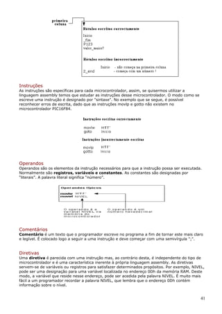 Instruções

As instruções são específicas para cada microcontrolador, assim, se quisermos utilizar a
linguagem assembly temos que estudar as instruções desse microcontrolador. O modo como se
escreve uma instrução é designado por "sintaxe". No exemplo que se segue, é possível
reconhecer erros de escrita, dado que as instruções movlp e gotto não existem no
microcontrolador PIC16F84.

Operandos

Operandos são os elementos da instrução necessários para que a instrução possa ser executada.
Normalmente são registros, variáveis e constantes. As constantes são designadas por
“literais”. A palavra literal significa “número”.

Comentários

Comentário é um texto que o programador escreve no programa a fim de tornar este mais claro
e legível. É colocado logo a seguir a uma instrução e deve começar com uma semivírgula ";".

Diretivas

Uma diretiva é parecida com uma instrução mas, ao contrário desta, é independente do tipo de
microcontrolador e é uma característica inerente à própria linguagem assembly. As diretivas
servem-se de variáveis ou registros para satisfazer determinados propósitos. Por exemplo, NIVEL,
pode ser uma designação para uma variável localizada no endereço 0Dh da memória RAM. Deste
modo, a variável que reside nesse endereço, pode ser acedida pela palavra NIVEL. É muito mais
fácil a um programador recordar a palavra NIVEL, que lembra que o endereço 0Dh contém
informação sobre o nível.

41

 