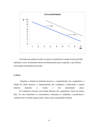 Curva da Demanda
0
1
2
3
4
5
6
7
8
9
10
1 2 3 4 5 6 7 8 9
Qd
P
Caso haja uma queda na renda, nos gostos e preferências e queda no preço do bem
substituto a curva de demanda sofrerá um deslocamento para a esquerda, o que refletirá
numa queda da demanda do mercado.
A oferta
Enquanto a relação da demanda descreve o comportamento dos compradores, a
relação da oferta descreve o comportamento dos vendedores, evidenciando o quanto
estariam dispostos a vender, a um determinado preço.
Os vendedores possuem uma atitude diferente dos compradores, frente aos preços
altos. Se estes desalentam os consumidores, estimulam os vendedores a produzirem e
venderem mais. Portanto quanto maior o preço maior a quantidade ofertada.
26
 