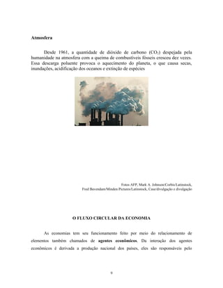 Atmosfera
Desde 1961, a quantidade de dióxido de carbono (CO2) despejada pela
humanidade na atmosfera com a queima de combustíveis fósseis cresceu dez vezes.
Essa descarga poluente provoca o aquecimento do planeta, o que causa secas,
inundações, acidificação dos oceanos e extinção de espécies
Fotos AFP, Mark A. Johnson/Corbis/Latinstock,
Fred Bavendam/Minden Pictures/Latinstock, Case/divulgação e divulgação
O FLUXO CIRCULAR DA ECONOMIA
As economias tem seu funcionamento feito por meio do relacionamento de
elementos também chamados de agentes econômicos. Da interação dos agentes
econômicos é derivada a produção nacional dos países, eles são responsáveis pelo
9
 