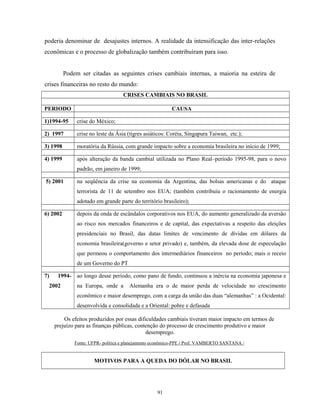 poderia denominar de desajustes internos. A realidade da intensificação das inter-relações
econômicas e o processo de globalização também contribuíram para isso.
Podem ser citadas as seguintes crises cambiais internas, a maioria na esteira de
crises financeiras no resto do mundo:
CRISES CAMBIAIS NO BRASIL
PERIODO CAUSA
1)1994-95 crise do México;
2) 1997 crise no leste da Ásia (tigres asiáticos: Coréia, Singapura Taiwan, etc.);
3) 1998 moratória da Rússia, com grande impacto sobre a economia brasileira no início de 1999;
4) 1999 após alteração da banda cambial utilizada no Plano Real–período 1995-98, para o novo
padrão, em janeiro de 1999;
5) 2001 na seqüência da crise na economia da Argentina, das bolsas americanas e do ataque
terrorista de 11 de setembro nos EUA; (também contribuiu o racionamento de energia
adotado em grande parte do território brasileiro);
6) 2002 depois da onda de escândalos corporativos nos EUA, do aumento generalizado da aversão
ao risco nos mercados financeiros e de capital, das expectativas a respeito das eleições
presidenciais no Brasil, das datas limites de vencimento de dívidas em dólares da
economia brasileira(governo e setor privado) e, também, da elevada dose de especulação
que permeou o comportamento dos intermediários financeiros no período; mais o receio
de um Governo do PT
7) 1994-
2002
ao longo desse período, como pano de fundo, continuou a inércia na economia japonesa e
na Europa, onde a Alemanha era o de maior perda de velocidade no crescimento
econômico e maior desemprego, com a carga da união das duas “alemanhas” : a Ocidental:
desenvolvida e consolidada e a Oriental: pobre e defasada
Os efeitos produzidos por essas dificuldades cambiais tiveram maior impacto em termos de
prejuízo para as finanças públicas, contenção do processo de crescimento produtivo e maior
desemprego.
Fonte: UFPR- política e planejamento econômico-PPE / Prof. VAMBERTO SANTANA /
MOTIVOS PARA A QUEDA DO DÓLAR NO BRASIL
91
 