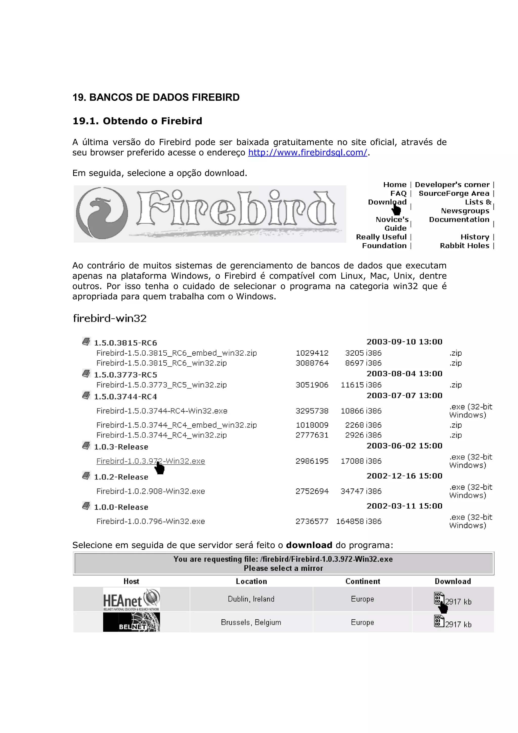 19. BANCOS DE DADOS FIREBIRD

19.1. Obtendo o Firebird

A última versão do Firebird pode ser baixada gratuitamente no site oficial, através de
seu browser preferido acesse o endereço http://www.firebirdsql.com/.

Em seguida, selecione a opção download.




Ao contrário de muitos sistemas de gerenciamento de bancos de dados que executam
apenas na plataforma Windows, o Firebird é compatível com Linux, Mac, Unix, dentre
outros. Por isso tenha o cuidado de selecionar o programa na categoria win32 que é
apropriada para quem trabalha com o Windows.




Selecione em seguida de que servidor será feito o download do programa:
 