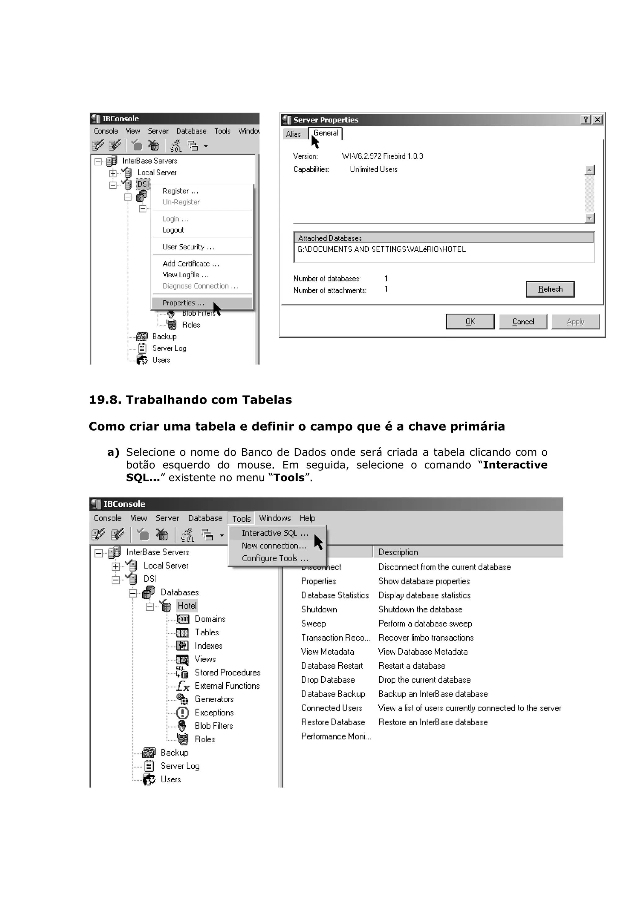 19.8. Trabalhando com Tabelas

Como criar uma tabela e definir o campo que é a chave primária

  a) Selecione o nome do Banco de Dados onde será criada a tabela clicando com o
     botão esquerdo do mouse. Em seguida, selecione o comando “Interactive
     SQL...” existente no menu “Tools”.
 