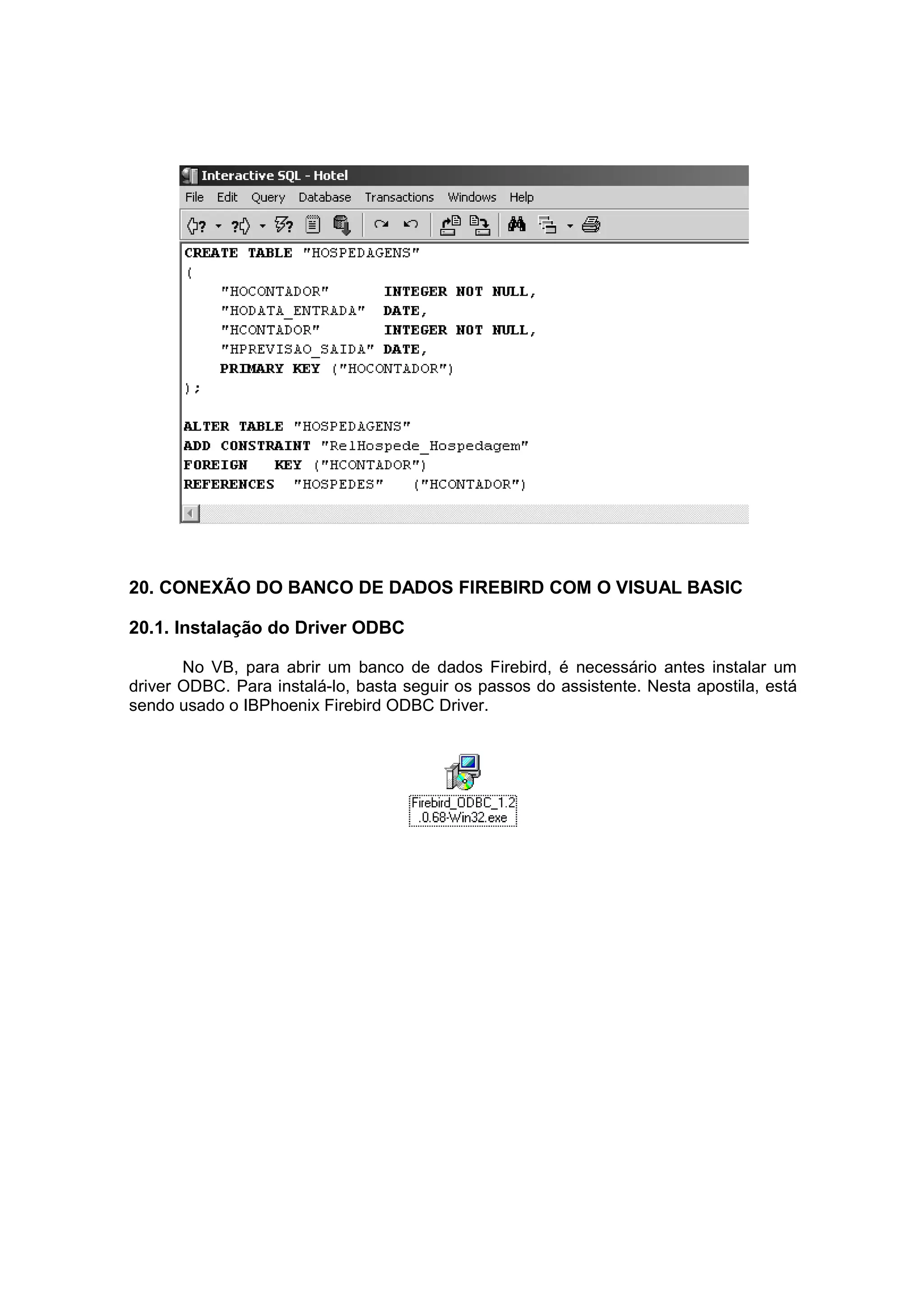 20. CONEXÃO DO BANCO DE DADOS FIREBIRD COM O VISUAL BASIC

20.1. Instalação do Driver ODBC

       No VB, para abrir um banco de dados Firebird, é necessário antes instalar um
driver ODBC. Para instalá-lo, basta seguir os passos do assistente. Nesta apostila, está
sendo usado o IBPhoenix Firebird ODBC Driver.
 