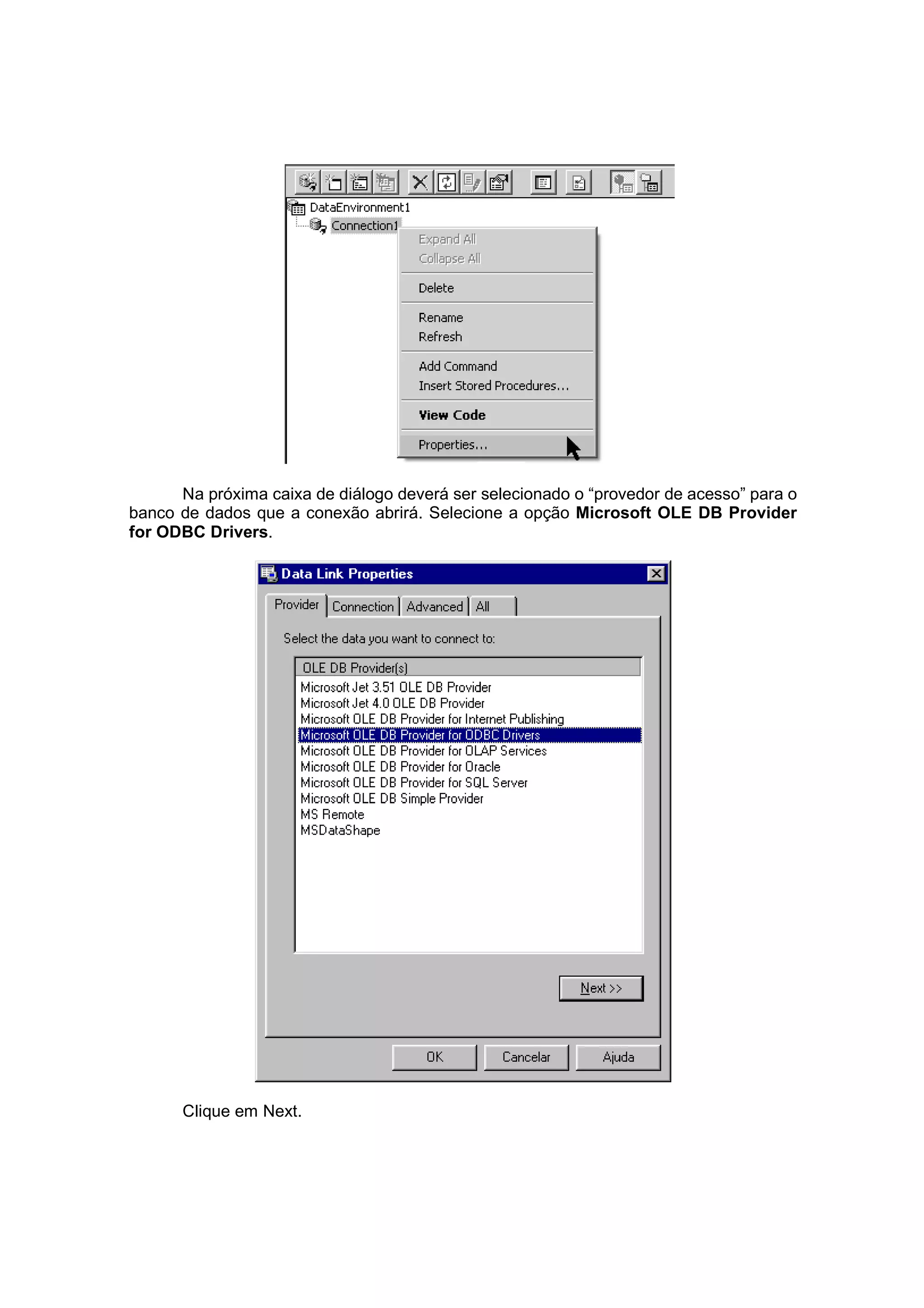 Na próxima caixa de diálogo deverá ser selecionado o “provedor de acesso” para o
banco de dados que a conexão abrirá. Selecione a opção Microsoft OLE DB Provider
for ODBC Drivers.




      Clique em Next.
 