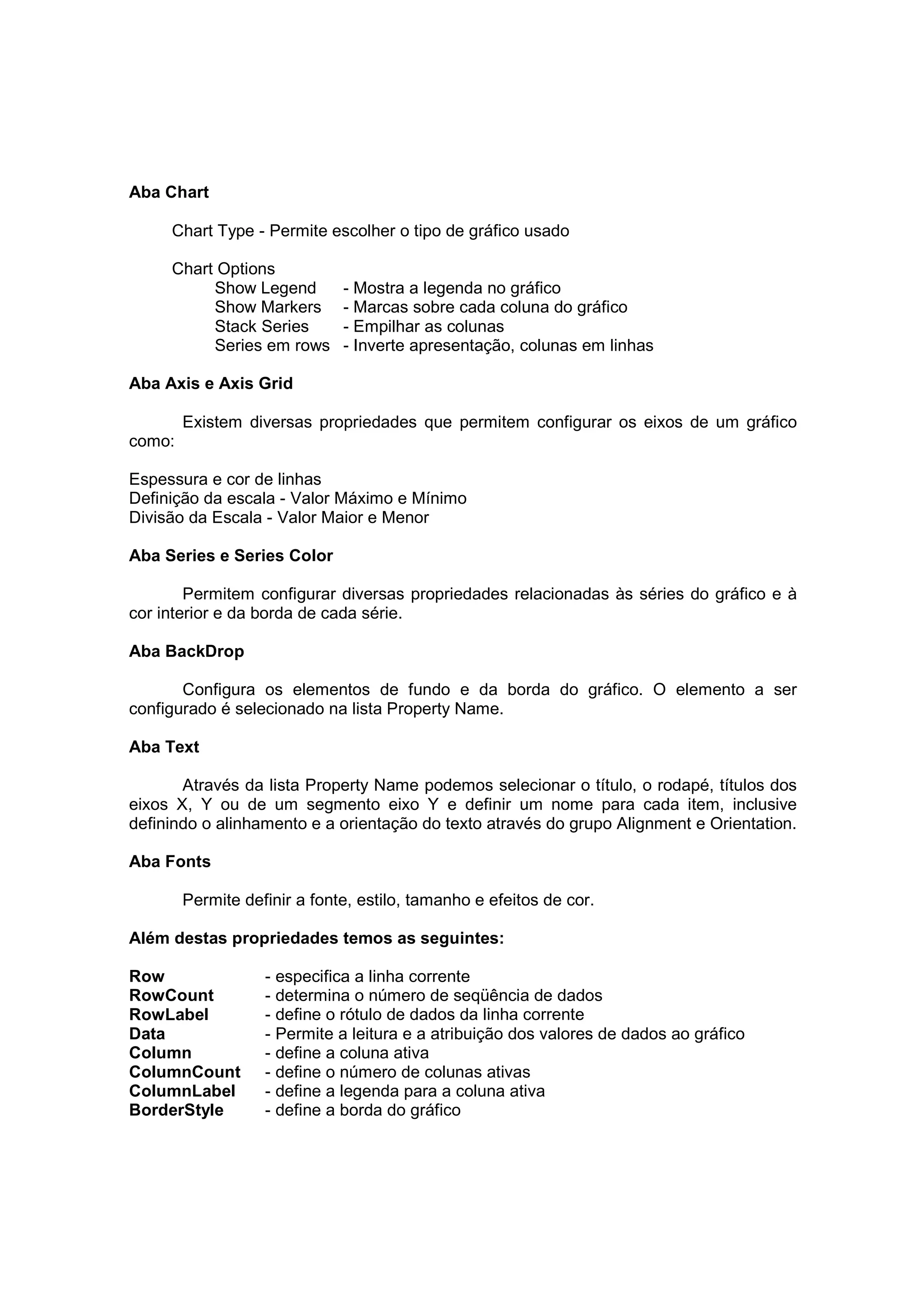 Aba Chart

     Chart Type - Permite escolher o tipo de gráfico usado

     Chart Options
          Show Legend         - Mostra a legenda no gráfico
          Show Markers        - Marcas sobre cada coluna do gráfico
          Stack Series        - Empilhar as colunas
          Series em rows      - Inverte apresentação, colunas em linhas

Aba Axis e Axis Grid

        Existem diversas propriedades que permitem configurar os eixos de um gráfico
como:

Espessura e cor de linhas
Definição da escala - Valor Máximo e Mínimo
Divisão da Escala - Valor Maior e Menor

Aba Series e Series Color

        Permitem configurar diversas propriedades relacionadas às séries do gráfico e à
cor interior e da borda de cada série.

Aba BackDrop

       Configura os elementos de fundo e da borda do gráfico. O elemento a ser
configurado é selecionado na lista Property Name.

Aba Text

       Através da lista Property Name podemos selecionar o título, o rodapé, títulos dos
eixos X, Y ou de um segmento eixo Y e definir um nome para cada item, inclusive
definindo o alinhamento e a orientação do texto através do grupo Alignment e Orientation.

Aba Fonts

        Permite definir a fonte, estilo, tamanho e efeitos de cor.

Além destas propriedades temos as seguintes:

Row                - especifica a linha corrente
RowCount           - determina o número de seqüência de dados
RowLabel           - define o rótulo de dados da linha corrente
Data               - Permite a leitura e a atribuição dos valores de dados ao gráfico
Column             - define a coluna ativa
ColumnCount        - define o número de colunas ativas
ColumnLabel        - define a legenda para a coluna ativa
BorderStyle        - define a borda do gráfico
 