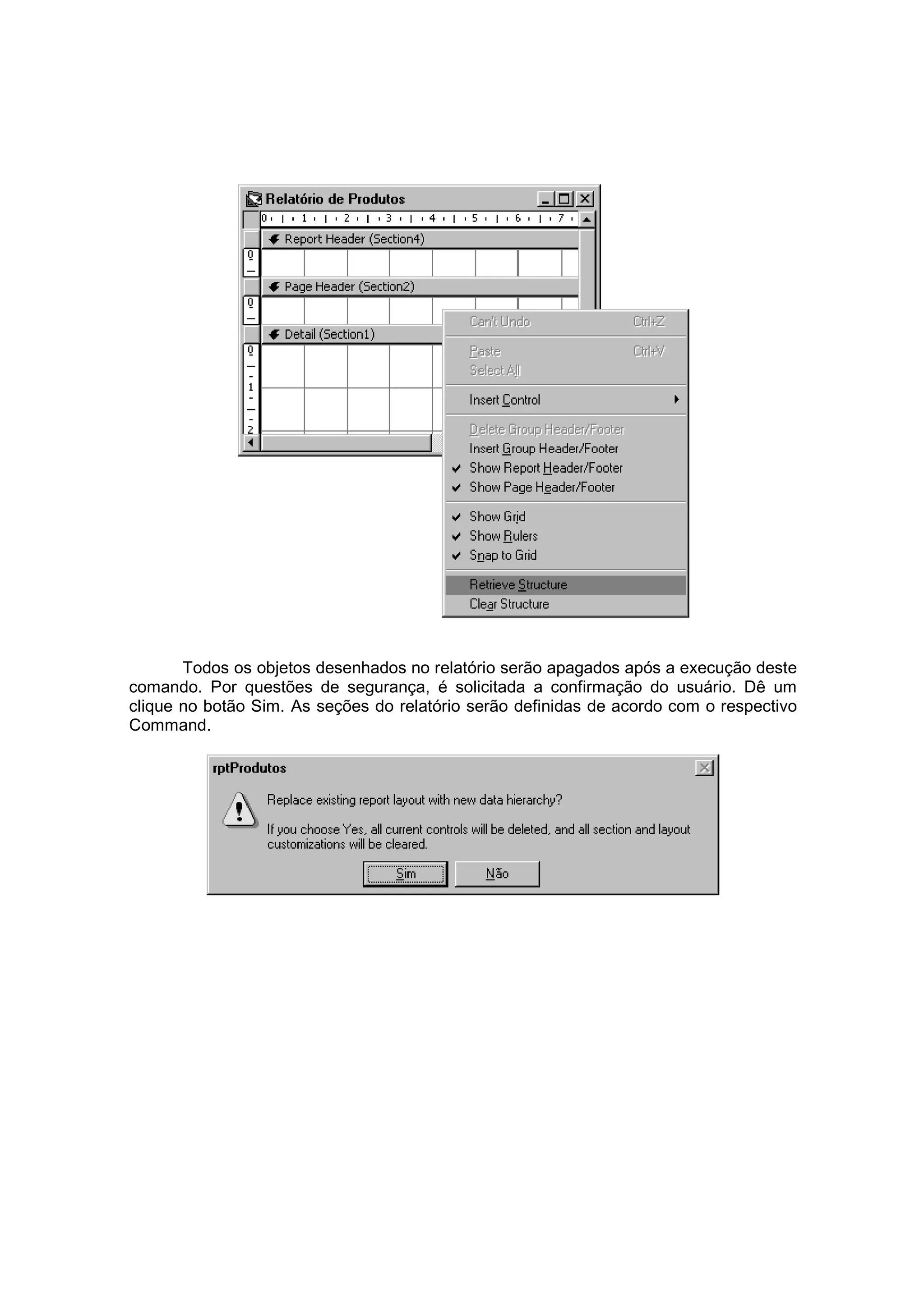 Todos os objetos desenhados no relatório serão apagados após a execução deste
comando. Por questões de segurança, é solicitada a confirmação do usuário. Dê um
clique no botão Sim. As seções do relatório serão definidas de acordo com o respectivo
Command.
 