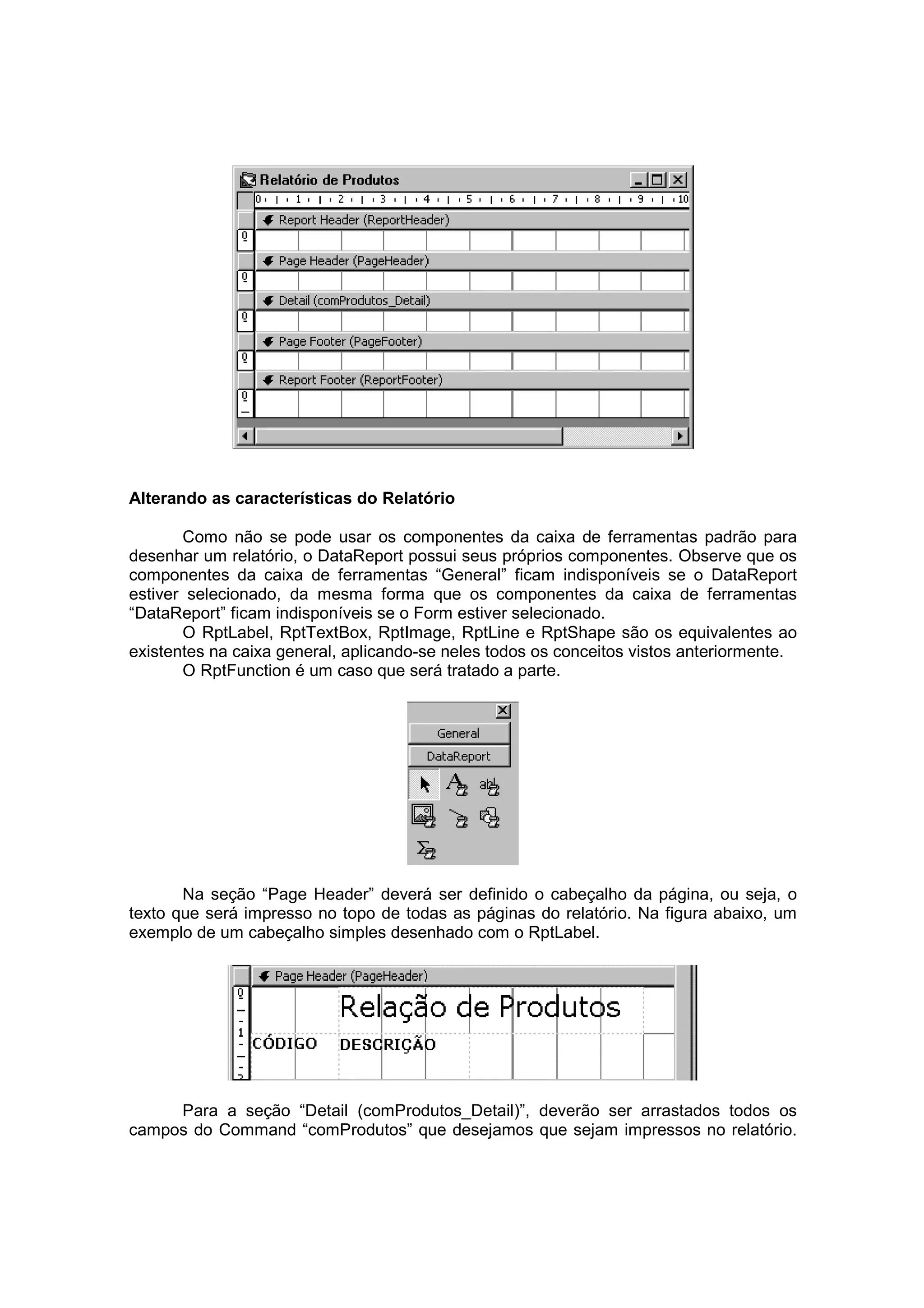 Alterando as características do Relatório

       Como não se pode usar os componentes da caixa de ferramentas padrão para
desenhar um relatório, o DataReport possui seus próprios componentes. Observe que os
componentes da caixa de ferramentas “General” ficam indisponíveis se o DataReport
estiver selecionado, da mesma forma que os componentes da caixa de ferramentas
“DataReport” ficam indisponíveis se o Form estiver selecionado.
       O RptLabel, RptTextBox, RptImage, RptLine e RptShape são os equivalentes ao
existentes na caixa general, aplicando-se neles todos os conceitos vistos anteriormente.
       O RptFunction é um caso que será tratado a parte.




       Na seção “Page Header” deverá ser definido o cabeçalho da página, ou seja, o
texto que será impresso no topo de todas as páginas do relatório. Na figura abaixo, um
exemplo de um cabeçalho simples desenhado com o RptLabel.




     Para a seção “Detail (comProdutos_Detail)”, deverão ser arrastados todos os
campos do Command “comProdutos” que desejamos que sejam impressos no relatório.
 