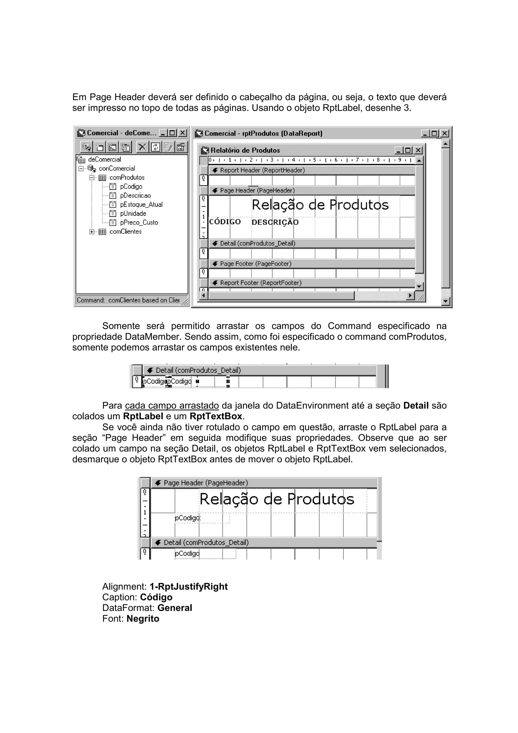 Em Page Header deverá ser definido o cabeçalho da página, ou seja, o texto que deverá
ser impresso no topo de todas as páginas. Usando o objeto RptLabel, desenhe 3.




       Somente será permitido arrastar os campos do Command especificado na
propriedade DataMember. Sendo assim, como foi especificado o command comProdutos,
somente podemos arrastar os campos existentes nele.




       Para cada campo arrastado da janela do DataEnvironment até a seção Detail são
colados um RptLabel e um RptTextBox.
       Se você ainda não tiver rotulado o campo em questão, arraste o RptLabel para a
seção “Page Header” em seguida modifique suas propriedades. Observe que ao ser
colado um campo na seção Detail, os objetos RptLabel e RptTextBox vem selecionados,
desmarque o objeto RptTextBox antes de mover o objeto RptLabel.




      Alignment: 1-RptJustifyRight
      Caption: Código
      DataFormat: General
      Font: Negrito
 