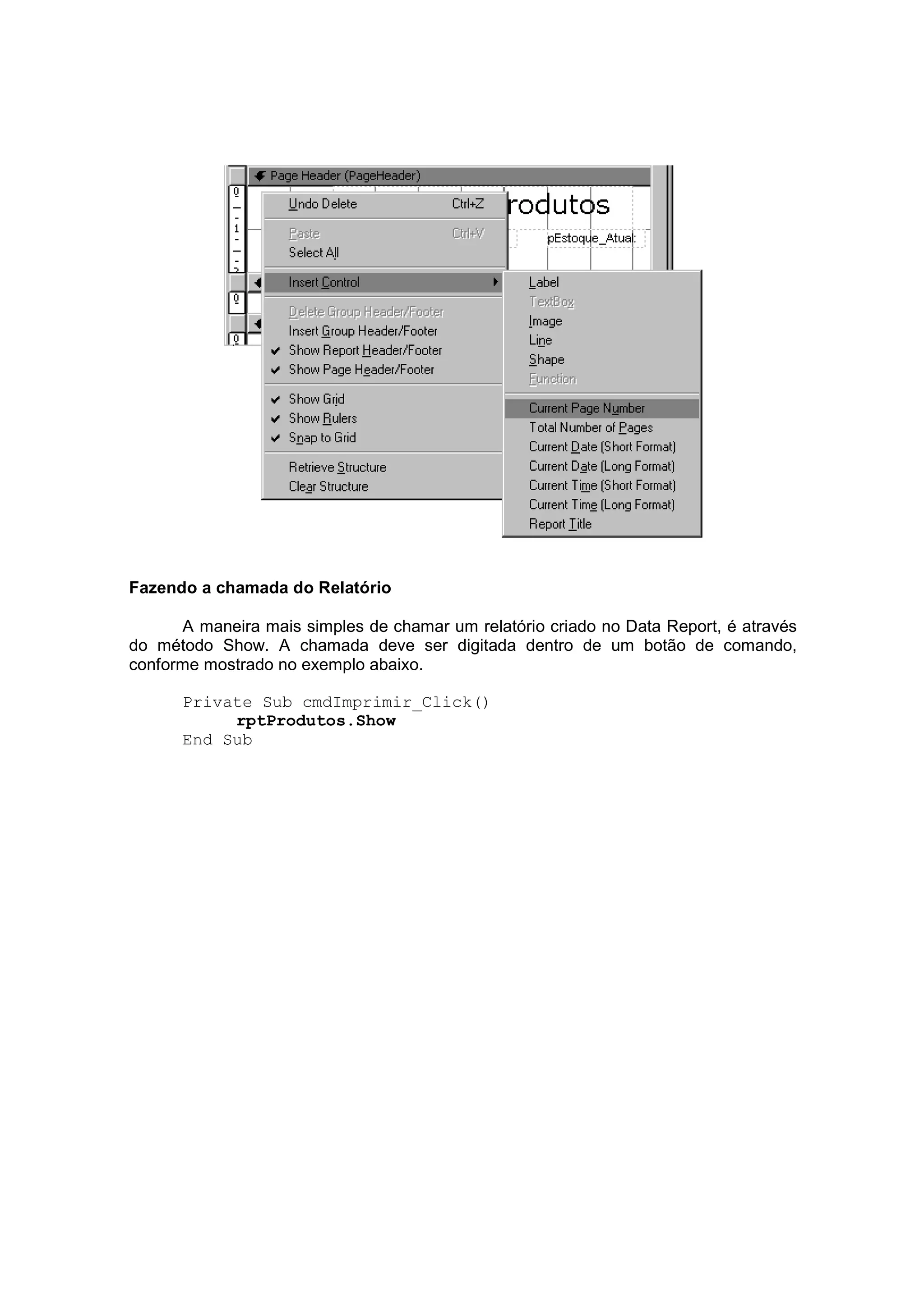 Fazendo a chamada do Relatório

      A maneira mais simples de chamar um relatório criado no Data Report, é através
do método Show. A chamada deve ser digitada dentro de um botão de comando,
conforme mostrado no exemplo abaixo.

      Private Sub cmdImprimir_Click()
           rptProdutos.Show
      End Sub
 
