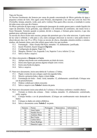 49
Tipos de Nuvens
As Nuvens Geralmente são brancas por causa da grande concentração de Micro gotículas de água e
pequenos cristais de Gelo. Eles agem como Prismas, decompondo a luz solar nas cores do Arco Íris
(Vermelho, laranja, amarelo, verde, azul, anil e violeta). Para quem olha a nuvem, o resultado é a soma
de todas essas cores que dá o branco.
Os Micro gotículas de água surge a condensação (passagem do estado gasoso para o estado líquido) do
vapor da atmosfera. Essas gotículas, cujo diâmetro é de milésimos de centímetro, são muito leves e
ficam flutuando. Somente quando se juntam, devido a choques, e formam gotas maiores, é que elas
ganham peso suficiente para cair.
As nuvens de chuva ficam mais escuras, porque não permitem que a luz solar atravesse. A parte maior
da luz solar é refletida e volta para o céu; outra consegue atravessar as nuvens e uma parte menor é
absorvida por elas ( de 5% a 10%). Como as nuvens de chuva, chamadas cúmulos-nimbos e estratos-
nimbos, são bastante claras, pois irão refletir quase toda a luz que recebem.
13.1. Formatação – fonte: Goudy Old Style, tamanho: 14, alinhamento: justificado.
13.2. Inserir WordArt, Inserir Imagem-ClipArts
13.3. Configuração de página: Papel A4.
13.4. Margens: Direita 3 cm, Esquerda 2 cm, Superior 3 cm e inferior 2,5 cm.
13.5. Salve e feche o arquivo.
14. Abra o documento o Homem e o Carro.
14.1. Aplique uma borda com sombreamento ao título do texto.
14.2. Insira uma figura que possua alguma relação com o texto.
14.3. Insira uma borda de página.
14.4. Salve o arquivo.
15. Num novo documento, insira uma tabela de 5 colunas e 2 linhas.
15.1. Digite o nome de seus colegas a parti da segunda linha.
15.2. Mescle a primeira linha e digite o título Lista.
15.3. Formatação do título – fonte: Arial, tamanho: 12, alinhamento: centralizado. Coloque uma
cor de preenchimento.
15.4. Ordene a tabela por ordem crescente.
15.5. Salve o arquivo com Tabela 1 dentro da pasta.
16. Num novo documento insira uma tabela de 5 colunas e 10 colunas conforme o modelo abaixo:
16.1. Formate os títulos das colunas – fonte: verdana, tamanho: 12, alinhamento: centralizado,
estilo: negrito.
16.2. Coloque bordas e cor de preenchimento. (Coloque um sombreamento mais destacado no
título)
16.3. Coloque os dados em ordem alfabética.
16.4. Salve o documento como Tabela 2 na pasta.
Número Nome Português Matemática Informática
01 Ana Castro 16 14 14
02 Sandra Neves 10 09 15
03 Antônio Maia 09 10 12
04 Rui Victor 14 13 17
05 Carlos Silva 11 15 12
06 Nuno Rodrigo 14 18 11
07 Daniela Lopes 11 10 11
 