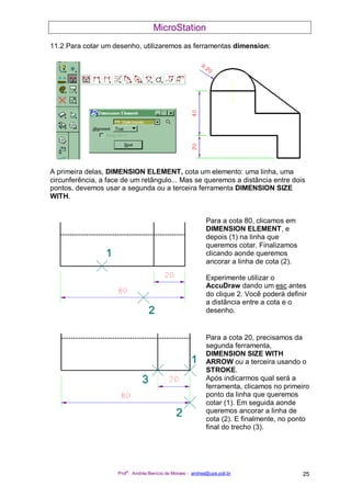 MicroStation
Prof
a
. Andréa Benício de Moraes - andrea@upe.poli.br 25
11.2 Para cotar um desenho, utilizaremos as ferramentas dimension:
A primeira delas, DIMENSION ELEMENT, cota um elemento: uma linha, uma
circunferência, a face de um retângulo... Mas se queremos a distância entre dois
pontos, devemos usar a segunda ou a terceira ferramenta DIMENSION SIZE
WITH.
Para a cota 80, clicamos em
DIMENSION ELEMENT, e
depois (1) na linha que
queremos cotar. Finalizamos
clicando aonde queremos
ancorar a linha de cota (2).
Experimente utilizar o
AccuDraw dando um esc antes
do clique 2. Você poderá definir
a distância entre a cota e o
desenho.
Para a cota 20, precisamos da
segunda ferramenta,
DIMENSION SIZE WITH
ARROW ou a terceira usando o
STROKE.
Após indicarmos qual será a
ferramenta, clicamos no primeiro
ponto da linha que queremos
cotar (1). Em seguida aonde
queremos ancorar a linha de
cota (2). E finalmente, no ponto
final do trecho (3).
 