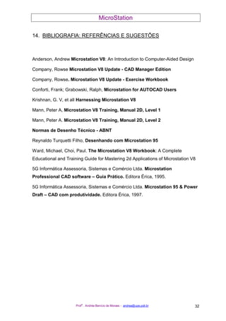 MicroStation
Prof
a
. Andréa Benício de Moraes - andrea@upe.poli.br 32
14. BIBLIOGRAFIA: REFERÊNCIAS E SUGESTÕES
Anderson, Andrew Microstation V8: An Introduction to Computer-Aided Design
Company, Rowse Microstation V8 Update - CAD Manager Edition
Company, Rowse. Microstation V8 Update - Exercise Workbook
Conforti, Frank; Grabowski, Ralph, Microstation for AUTOCAD Users
Krishnan, G. V, et all Harnessing Microstation V8
Mann, Peter A, Microstation V8 Training, Manual 2D, Level 1
Mann, Peter A. Microstation V8 Training, Manual 2D, Level 2
Normas de Desenho Técnico - ABNT
Reynaldo Turquetti Filho, Desenhando com Microstation 95
Ward, Michael, Choi, Paul. The Microstation V8 Workbook: A Complete
Educational and Training Guide for Mastering 2d Applications of Microstation V8
5G Informática Assessoria, Sistemas e Comércio Ltda. Microstation
Professional CAD software – Guia Prático. Editora Érica, 1995.
5G Informática Assessoria, Sistemas e Comércio Ltda. Microstation 95 & Power
Draft – CAD com produtividade. Editora Érica, 1997.
 