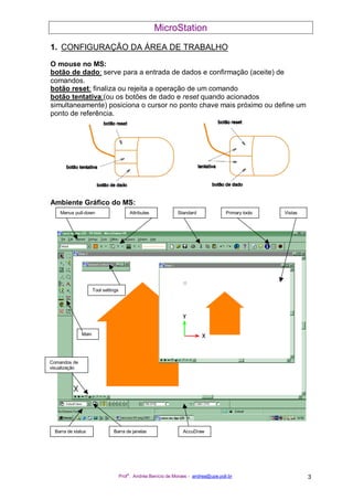 MicroStation
Prof
a
. Andréa Benício de Moraes - andrea@upe.poli.br 3
1. CONFIGURAÇÃO DA ÁREA DE TRABALHO
O mouse no MS:
botão de dado: serve para a entrada de dados e confirmação (aceite) de
comandos.
botão reset: finaliza ou rejeita a operação de um comando
botão tentativa:(ou os botões de dado e reset quando acionados
simultaneamente) posiciona o cursor no ponto chave mais próximo ou define um
ponto de referência.
Ambiente Gráfico do MS:
AttributesMenus pull-down Standard Primary tools
Tool settings
Main
Comandos de
visualização
Vistas
Barra de status Barra de janelas AccuDraw
 
