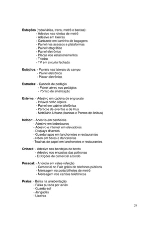 Estações (rodoviárias, trens, metrô e barcas):
- Adesivo nas roletas de metrô
- Adesivo em lixeiras
- Cartazete em carrinho de bagagens
- Painel nos acessos e plataformas
- Painel fotográfico
- Painel eletrônico
- Placas nos estacionamentos
- Triedro
- TV em circuito fechado
Estádios: - Painéis nas laterais do campo
- Painel eletrônico
- Placar eletrônico
Estradas: - Cancela de pedágio
- Painel aéreo nos pedágios
- Pórtico de sinalização
Externa: - Adesivo em cadeira de engraxate
- Inflável como réplica
- Painel em cabine telefônica
- Pórticos de eventos e de Rua
- Mobiliário Urbano (bancas e Pontos de ônibus)
Indoor: - Adesivo em banheiros
- Adesivo em bebedouros
- Adesivo e internet em elevadores
- Displays diversos
- Guardanapos em lanchonetes e restaurantes
- Néon em bares e danceterias
- Toalhas de papel em lanchonetes e restaurantes
Onbord: - Adesivo nas bandejas de bordo
- Adesivo nos encostos das poltronas
- Exibições de comercial a bordo
Pessoal: - Anúncio em vales-refeição
- Comercial no Fale grátis de telefones públicos
- Mensagem no porta bilhetes de metrô
- Mensagem nos cartões telefônicos
Praias: - Bóias na arrebentação
- Faixa puxada por avião
- Guarda-sol
- Jangadas
- Lixeiras
29

 