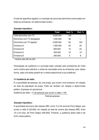 O total de aparelhos ligados é o resultado da soma dos domicílios sintonizados em
todas as emissoras, em determinado horário.
Exemplo hipotético:
Total

Aud. %

Part. %

Total domicílios com TV

4.000.000

100

---

Domicílios com TV desligados

1.500.000

38

---

Domicílios com TV ligados*

2.500.000

62

100

Emissora A

1.300.000

32

52

Emissora B

600.000

15

24

Emissora C

400.000

10

16

Emissora D

200.000

5

8

* Horário das 20h às 22h.
Participação de audiência é o principal dado utilizado pelo profissional de mídia
como critério para distribuir a verba de veiculação entre as emissoras, pois, dessa
forma, cada uma delas poderá ter a verba proporcional a sua audiência.
7.4 Audiência de rádio
É a quantidade de pessoas, de uma praça, que ouvem uma emissora, em relação
ao total da população da praça. Pode ser também em relação a determinado
público. Expresso em percentual.
Audiência de rádio = nº de pessoas que ouvem a rádio x 100
Total de pessoas
Exemplo hipotético:
A quantidade de jovens das classes ABC, entre 15 e 24 anos de Porto Alegre, que
ouvem a rádio A (22.000), em relação ao total de Jovens das classes ABC, entre
15 e 24 anos, de Porto Alegre (400.000). Portanto, a audiência desta rádio é de
5,5% nesse público.

60

 