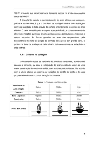 Processo MIG-MAG e Arame Tubular
7
100 V, enquanto que para iniciar uma descarga elétrica no ar são necessários
cerca de 5000 V.
É importante estudar o comportamento do arco elétrico na soldagem,
porque é através dele é que o processo de soldagem ocorre. Uma soldagem
com boa qualidade é dada através do perfeito entendimento e controle do arco
elétrico. O calor fornecido pelo arco gera a poça de fusão, e consequentemente
através de reações químicas, a homogeneização das partículas dos materiais a
serem soldadas. As forças geradas no arco são responsáveis pela
transferência do metal de adição do eletrodo até a peça. Em grande parte, o
projeto da fonte de soldagem é determinado pela necessidade de estabilizar o
arco elétrico.
1.4.1 Corrente na soldagem
Considerando todas as variáveis do processo constantes, aumentando
apenas a corrente, ou seja, a velocidade do arame-eletrodo obtêm-se uma
maior penetração do cordão de solda, com maiores profundidades. De acordo
com a tabela abaixo se observa as variações do cordão de solda e de suas
propriedades de acordo com a variação da corrente.
Tabela 1 – Variáveis e perfil do cordão.
Velocidade de
Alimentação
Baixa Média Alta
Corrente Baixa Média Alta
Taxa Deposição Pequena Média Grande
Penetração Baixa Média Alta
Perfil do Cordão
 