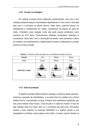 Processo MIG-MAG e Arame Tubular
8
1.4.2 Tensão na soldagem
Em relação à tensão temos diferentes características, mas com a sua
variação podemos adquirir propriedades significativas no arco como o principal
dele que é o aumento do aporte térmico. Além disso, pode-se causar um
alargamento e achatamento do cordão, crescimento da largura da poça de
fusão. Entretanto essa variação muito alta pode causar problemas como
aumento da ZTA (Zona Termicamente Afetada), porosidade, respingos e
mordeduras. Outro fator, com a diminuição da tensão, seria aumentar a altura
do cordão e seu estreitamento. A tabela abaixo mostra as diferenças no cordão
quando se varia a tensão.
Tabela 2 – Perfil do cordão de solda com as variações da tensão e do arco
Tensão Alta Média Baixa
Arco Longo Médio Curto
Perfil do Cordão
1.4.3 Gás de proteção
O objetivo principal desta variável é proteger a solda de gases externos,
propícios à geração de imperfeições, e na parte física do cordão com a forma
estética final e a penetração na peça. Existem dois parâmetros ajustáveis que
irão juntos realizar essa função, o tipo de gás e a vazão do mesmo. O tipo de
gás utilizado pode ser inerte, ativo ou o composto dos dois junto. Dos gases
inertes o mais utilizado no processo MIG/MAG é o argônio devido a sua
abrangência e eficácia, outros gases como Helio, é menos comum devido ao
 