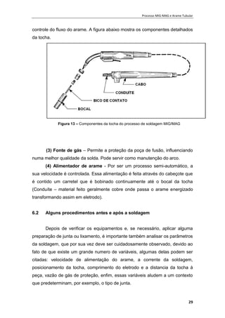 Processo MIG-MAG e Arame Tubular
29
controle do fluxo do arame. A figura abaixo mostra os componentes detalhados
da tocha.
Figura 13 – Componentes da tocha do processo de soldagem MIG/MAG
(3) Fonte de gás – Permite a proteção da poça de fusão, influenciando
numa melhor qualidade da solda. Pode servir como manutenção do arco.
(4) Alimentador de arame - Por ser um processo semi-automático, a
sua velocidade é controlada. Essa alimentação é feita através do cabeçote que
é contido um carretel que é bobinado continuamente até o bocal da tocha
(Conduíte – material feito geralmente cobre onde passa o arame energizado
transformando assim em eletrodo).
6.2 Alguns procedimentos antes e após a soldagem
Depois de verificar os equipamentos e, se necessário, aplicar alguma
preparação de junta ou lixamento, é importante também analisar os parâmetros
da soldagem, que por sua vez deve ser cuidadosamente observado, devido ao
fato de que existe um grande numero de variáveis, algumas delas podem ser
citadas: velocidade de alimentação do arame, a corrente da soldagem,
posicionamento da tocha, comprimento do eletrodo e a distancia da tocha á
peça, vazão de gás de proteção, enfim, essas variáveis aludem a um contexto
que predeterminam, por exemplo, o tipo de junta.
 