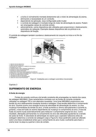 Apostila Soldagem MIGMAG
10
 a tocha é normalmente montada diretamente sob o motor de alimentação do arame,
eliminando a necessidade de um conduíte;
 dependendo da aplicação, essa configuração pode mudar;
 o controle de soldagem é montado longe do motor de alimentação do arame. Podem
ser empregadas caixas de controle remoto;
 adicionalmente, outros dispositivos são utilizados para proporcionar o deslocamento
automático do cabeçote. Exemplos desses dispositivos são os pórticos e os
dispositivos de fixação.
O controle de soldagem também coordena o deslocamento do conjunto no início e no fim da
soldagem.
1. CABO DE SOLDA (NEGATIVO)
2. CABO DE SOLDA (POSITIVO)
3. DETECÇÃO DE CORRENTE E TENSÃO DE SOLDAGEM
4. ENTRADA DE 42 V (CA)
5. CONEXÃO PARA A FONTE PRIMÁRIA (220/380/440 V)
6. ENTRADA DE ÁGUA DE REFRIGERAÇÃO
7. ENTRADA DO GÁS DE PROTEÇÃO
8. SAÍDA PARA O MOTOR DE DESLOCAMENTO DO PÓRTICO
9. ENTRADA 42 V (CA) PARA A MOVIMENTAÇÃO / PARADA DO CABEÇOTE
10. MOTOR DE ALIMENTAÇÃO DO ARAME
11. ENTRADA DO GÁS DE PROTEÇÃO
12. ENTRADA DE ÁGUA DE REFRIGERAÇÃO
13. SAÍDA DE ÁGUA DE REFRIGERAÇÃO
Figura 8 - Instalações para a soldagem automática (mecanizada)
Capítulo 3
SUPRIMENTO DE ENERGIA
A fonte de energia
Fontes de corrente contínua e de tensão constante são empregadas na maioria dos casos
de soldagem MIG/MAG. Essa característica contrasta com as fontes de corrente constante
utilizadas na soldagem TIG e com eletrodos revestidos. Uma fonte MIG/MAG proporciona uma
tensão do arco relativamente constante durante a soldagem. Essa tensão determina o comprimento
do arco. Quando ocorre uma variação brusca da velocidade de alimentação do arame, ou uma
mudança momentânea da tensão do arco, a fonte aumenta ou diminui abruptamente a corrente (e,
portanto, a taxa de fusão do arame) dependendo da mudança no comprimento do arco. A taxa de
fusão do arame muda automaticamente para restaurar o comprimento original do arco. Como
resultado, alterações permanentes no comprimento do arco são efetuadas ajustando-se a tensão
de saída da fonte. A velocidade de alimentação do arame que o operador seleciona antes da
soldagem determina a corrente de soldagem (veja a Figura 9). Esse parâmetro pode ser alterado
sobre uma faixa considerável antes que o comprimento do arco mude o suficiente para fazer o
arame tocar na peça ou queimar o bico de contato.
 