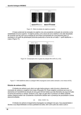 Apostila Soldagem MIGMAG
16
Figura 15 - Efeito de adições de oxigênio ao argônio
O baixo potencial de ionização do argônio cria uma excelente condução da corrente e uma
estabilidade de arco superior. O argônio produz uma coluna de arco restrita a uma alta densidade
de corrente que faz com que a energia do arco fique concentrada em uma pequena área. O
resultado é um perfil de penetração profunda possuindo a forma de um dedo — perfil dediforme —
(veja a Figura 17).
Figura 16 - Comparação entre os gases de proteção 95% Ar/5% O2 e CO2
Figura 17 - Perfil dediforme obtido na soldagem MAG empregando arame sólido cobreado e uma mistura Ar/CO2
Dióxido de carbono (CO2)
O dióxido de carbono puro não é um gás inerte porque o calor do arco o dissocia em
monóxido de carbono e oxigênio livre (veja a Equação [1]). Esse oxigênio combinar-se-á com os
elementos em transferência através do arco para formar óxidos que são liberados da poça de fusão
na forma de escória ou carepa. Embora o CO2 seja um gás ativo e produza um efeito oxidante,
soldas íntegras podem ser consistente e facilmente obtidas sem a presença de porosidade e outras
descontinuidades.
[1] 2CO2  2CO + O2
O dióxido de carbono é largamente empregado na soldagem de aços. Sua popularidade é
devida a sua disponibilidade e à boa qualidade da solda, bem como pelo seu baixo custo e
 