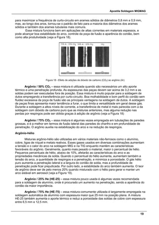 Apostila Soldagem MIGMAG
19
para maximizar a frequência de curto-circuito em arames sólidos de diâmetros 0,8 mm e 0,9 mm,
mas, ao longo dos anos, tornou-se o padrão de fato para a maioria dos diâmetros dos arames
sólidos e também dos arames tubulares mais comuns.
Essa mistura funciona bem em aplicações de altas correntes em materiais espessos, e
pode alcançar boa estabilidade do arco, controle da poça de fusão e aparência do cordão, bem
como alta produtividade (veja a Figura 18).
Figura 18 - Efeito de adições de dióxido de carbono (CO2) ao argônio (Ar)
Argônio / 50% CO2 – essa mistura é utilizada quando são necessários um alto aporte
térmico e uma penetração profunda. As espessuras das peças devem ser acima de 3,2 mm e as
soldas podem ser executadas fora de posição. Essa mistura é muito popular para a soldagem de
dutos empregando a transferência por curto-circuito. Boa molhabilidade e bom perfil do cordão sem
fluidez excessiva da poça de fusão são as principais vantagens na soldagem de dutos. A soldagem
de peças finas apresenta maior tendência a furar, o que limita a versatilidade em geral desse gás.
Durante a soldagem a altos níveis de corrente, a transferência de metal é mais parecida com a da
soldagem com dióxido de carbono puro que as misturas anteriores, mas alguma redução nas
perdas por respingos pode ser obtida graças à adição de argônio (veja a Figura 18)
Argônio / 75% CO2 – essa mistura é algumas vezes empregada em tubulações de paredes
grossas, e é a melhor em termos de fusão lateral das paredes do chanfro e em profundidade de
penetração. O argônio auxilia na estabilização do arco e na redução de respingos.
Argônio-hélio
Misturas argônio-hélio são utilizadas em vários materiais não-ferrosos como o alumínio,
cobre, ligas de níquel e metais reativos. Esses gases usados em diversas combinações aumentam
a tensão e o calor do arco na soldagem MIG e na TIG enquanto mantém as características
favoráveis do argônio. Geralmente, quanto mais pesado o material, maior o percentual de hélio.
Pequenos percentuais de hélio, abaixo de 10%, afetarão as características do arco e as
propriedades mecânicas da solda. Quando o percentual do hélio aumenta, aumentam também a
tensão do arco, a quantidade de respingos e a penetração, e minimiza a porosidade. O gás hélio
puro aumenta a penetração lateral e a largura do cordão de solda, mas a profundidade de
penetração pode ficar prejudicada. Por outro lado, a estabilidade do arco também aumenta. O teor
de argônio deve ser de pelo menos 20% quando misturado com o hélio para gerar e manter um
arco estável em aerossol (veja a Figura 19).
Argônio / 25% He (HE-25) – essa mistura pouco usada é algumas vezes recomendada
para a soldagem de alumínio, onde é procurado um aumento na penetração, sendo a aparência do
cordão da maior importância.
Argônio / 75% He (HE-75) – essa mistura comumente utilizada é largamente empregada na
soldagem automática de alumínio com espessura maior que 25 mm na posição plana. A mistura
HE-25 também aumenta o aporte térmico e reduz a porosidade das soldas de cobre com espessura
entre 6,5 mm e 12,5 mm.
 