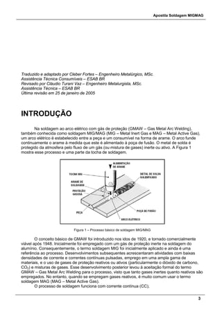 Apostila Soldagem MIGMAG
3
Traduzido e adaptado por Cleber Fortes – Engenheiro Metalúrgico, MSc.
Assistência Técnica Consumíveis – ESAB BR
Revisado por Cláudio Turani Vaz – Engenheiro Metalurgista, MSc.
Assistência Técnica – ESAB BR
Última revisão em 25 de janeiro de 2005
INTRODUÇÃO
Na soldagem ao arco elétrico com gás de proteção (GMAW – Gas Metal Arc Welding),
também conhecida como soldagem MIG/MAG (MIG – Metal Inert Gas e MAG – Metal Active Gas),
um arco elétrico é estabelecido entre a peça e um consumível na forma de arame. O arco funde
continuamente o arame à medida que este é alimentado à poça de fusão. O metal de solda é
protegido da atmosfera pelo fluxo de um gás (ou mistura de gases) inerte ou ativo. A Figura 1
mostra esse processo e uma parte da tocha de soldagem.
Figura 1 – Processo básico de soldagem MIG/MAG
O conceito básico de GMAW foi introduzido nos idos de 1920, e tornado comercialmente
viável após 1948. Inicialmente foi empregado com um gás de proteção inerte na soldagem do
alumínio. Consequentemente, o termo soldagem MIG foi inicialmente aplicado e ainda é uma
referência ao processo. Desenvolvimentos subsequentes acrescentaram atividades com baixas
densidades de corrente e correntes contínuas pulsadas, emprego em uma ampla gama de
materiais, e o uso de gases de proteção reativos ou ativos (particularmente o dióxido de carbono,
CO2) e misturas de gases. Esse desenvolvimento posterior levou à aceitação formal do termo
GMAW – Gas Metal Arc Welding para o processo, visto que tanto gases inertes quanto reativos são
empregados. No entanto, quando se empregam gases reativos, é muito comum usar o termo
soldagem MAG (MAG – Metal Active Gas).
O processo de soldagem funciona com corrente contínua (CC),
 
