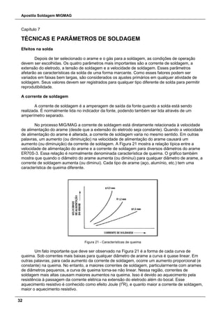 Apostila Soldagem MIGMAG
32
Capítulo 7
TÉCNICAS E PARÂMETROS DE SOLDAGEM
Efeitos na solda
Depois de ter selecionado o arame e o gás para a soldagem, as condições de operação
devem ser escolhidas. Os quatro parâmetros mais importantes são a corrente de soldagem, a
extensão do eletrodo, a tensão de soldagem e a velocidade de soldagem. Esses parâmetros
afetarão as características da solda de uma forma marcante. Como esses fatores podem ser
variados em faixas bem largas, são considerados os ajustes primários em qualquer atividade de
soldagem. Seus valores devem ser registrados para qualquer tipo diferente de solda para permitir
reprodutibilidade.
A corrente de soldagem
A corrente de soldagem é a amperagem de saída da fonte quando a solda está sendo
realizada. É normalmente lida no indicador da fonte, podendo também ser lida através de um
amperímetro separado.
No processo MIG/MAG a corrente de soldagem está diretamente relacionada à velocidade
de alimentação do arame (desde que a extensão do eletrodo seja constante). Quando a velocidade
de alimentação do arame é alterada, a corrente de soldagem varia no mesmo sentido. Em outras
palavras, um aumento (ou diminuição) na velocidade de alimentação do arame causará um
aumento (ou diminuição) da corrente de soldagem. A Figura 21 mostra a relação típica entre a
velocidade de alimentação do arame e a corrente de soldagem para diversos diâmetros do arame
ER70S-3. Essa relação é normalmente denominada característica de queima. O gráfico também
mostra que quando o diâmetro do arame aumenta (ou diminui) para qualquer diâmetro de arame, a
corrente de soldagem aumenta (ou diminui). Cada tipo de arame (aço, alumínio, etc.) tem uma
característica de queima diferente.
Figura 21 - Características de queima
Um fato importante que deve ser observado na Figura 21 é a forma de cada curva de
queima. Sob correntes mais baixas para qualquer diâmetro de arame a curva é quase linear. Em
outras palavras, para cada aumento da corrente de soldagem, ocorre um aumento proporcional (e
constante) na queima. No entanto, a maiores correntes de soldagem, particularmente com arames
de diâmetros pequenos, a curva de queima torna-se não linear. Nessa região, correntes de
soldagem mais altas causam maiores aumentos na queima. Isso é devido ao aquecimento pela
resistência à passagem da corrente elétrica na extensão do eletrodo além do bocal. Esse
aquecimento resistivo é conhecido como efeito Joule (I2
R), e quanto maior a corrente de soldagem,
maior o aquecimento resistivo.
 