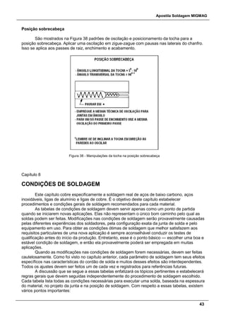 Apostila Soldagem MIGMAG
43
Posição sobrecabeça
São mostrados na Figura 38 padrões de oscilação e posicionamento da tocha para a
posição sobrecabeça. Aplicar uma oscilação em zigue-zague com pausas nas laterais do chanfro.
Isso se aplica aos passes de raiz, enchimento e acabamento.
Figura 38 - Manipulações da tocha na posição sobrecabeça
Capítulo 8
CONDIÇÕES DE SOLDAGEM
Este capítulo cobre especificamente a soldagem real de aços de baixo carbono, aços
inoxidáveis, ligas de alumínio e ligas de cobre. É o objetivo deste capítulo estabelecer
procedimentos e condições gerais de soldagem recomendados para cada material.
As tabelas de condições de soldagem devem servir apenas como um ponto de partida
quando se iniciarem novas aplicações. Elas não representam o único bom caminho pelo qual as
soldas podem ser feitas. Modificações nas condições de soldagem serão provavelmente causadas
pelas diferentes experiências dos soldadores, pela configuração exata da junta de solda e pelo
equipamento em uso. Para obter as condições ótimas de soldagem que melhor satisfazem aos
requisitos particulares de uma nova aplicação é sempre aconselhável conduzir os testes de
qualificação antes do início da produção. Entretanto, esse é o ponto básico — escolher uma boa e
estável condição de soldagem, e então ela provavelmente poderá ser empregada em muitas
aplicações.
Quando as modificações nas condições de soldagem forem necessárias, devem ser feitas
cautelosamente. Como foi visto no capítulo anterior, cada parâmetro de soldagem tem seus efeitos
específicos nas características do cordão de solda e muitos desses efeitos são interdependentes.
Todos os ajustes devem ser feitos um de cada vez e registrados para referências futuras.
A discussão que se segue a essas tabelas enfatizará os tópicos pertinentes e estabelecerá
regras gerais que devem seguidas independentemente do procedimento de soldagem escolhido.
Cada tabela lista todas as condições necessárias para executar uma solda, baseada na espessura
do material, no projeto da junta e na posição de soldagem. Com respeito a essas tabelas, existem
vários pontos importantes:
 