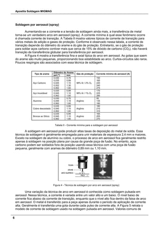 Apostila Soldagem MIGMAG
6
Soldagem por aerossol (spray)
Aumentando-se a corrente e a tensão de soldagem ainda mais, a transferência de metal
torna-se um verdadeiro arco em aerossol (spray). A corrente mínima à qual esse fenômeno ocorre
é chamada corrente de transição. A Tabela II mostra valores típicos de corrente de transição para
vários metais de adição e gases de proteção. Conforme é observado nessa tabela, a corrente de
transição depende do diâmetro do arame e do gás de proteção. Entretanto, se o gás de proteção
para soldar aços carbono contiver mais que cerca de 15% de dióxido de carbono (CO2), não haverá
transição de transferência globular para transferência por aerossol.
A Figura 4 mostra a transferência fina e axial típica do arco em aerossol. As gotas que saem
do arame são muito pequenas, proporcionando boa estabilidade ao arco. Curtos-circuitos são raros.
Poucos respingos são associados com essa técnica de soldagem.
Tipo de arame
Diâmetro do Arame
Gás de proteção Corrente mínima de aerossol (A)
pol (") mm
Aço Carbono
0,030
0,035
0,045
0,052
0,062
0,76
0,89
1,10
1,30
1,60
98% Ar / 2% O2
150
165
220
240
275
Aço Inoxidável
0,035
0,045
0,062
0,89
1,10
1,60
98% Ar / 1% O2
170
225
285
Alumínio
0,030
0,046
0,062
0,76
1,19
1,60
Argônio
95
135
180
Cobre desoxidado
0,035
0,045
0,062
0,89
1,10
1,60
Argônio
180
210
310
Bronze ao Silício
0,035
0,045
0,062
0,89
1,10
1,60
Argônio
165
205
270
Tabela II - Corrente mínima para a soldagem por aerossol
A soldagem em aerossol pode produzir altas taxas de deposição do metal de solda. Essa
técnica de soldagem é geralmente empregada para unir materiais de espessura 2,4 mm e maiores.
Exceto na soldagem de alumínio ou cobre, o processo de arco em aerossol fica geralmente restrito
apenas à soldagem na posição plana por causa da grande poça de fusão. No entanto, aços
carbono podem ser soldados fora de posição usando essa técnica com uma poça de fusão
pequena, geralmente com arames de diâmetro 0,89 mm ou 1,10 mm.
Figura 4 - Técnica de soldagem por arco em aerossol (spray)
Uma variação da técnica de arco em aerossol é conhecida como soldagem pulsada em
aerossol. Nessa técnica, a corrente é variada entre um valor alto e um baixo. O nível baixo de
corrente fica abaixo da corrente de transição, enquanto que o nível alto fica dentro da faixa de arco
em aerossol. O metal é transferido para a peça apenas durante o período de aplicação de corrente
alta. Geralmente é transferida uma gota durante cada pulso de corrente alta. A Figura 5 retrata o
modelo de corrente de soldagem usado na soldagem pulsada em aerossol. Valores comuns de
 