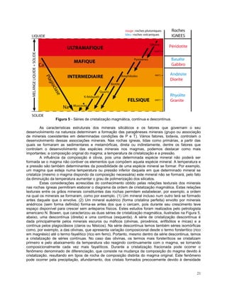 21
Figura 5 - Séries de cristalização magmática, contínua e descontínua.
As características estruturais dos minerais silicáticos e os fatores que governam o seu
desenvolvimento na natureza determinam a formação das paragêneses minerais (grupo ou associação
de minerais coexistentes em determinadas condições de P e T). Vários fatores, todavia, controlam o
desenvolvimento dessas associações minerais. Nas rochas ígneas, tidas como primárias, a partir das
quais se formaram as sedimentares e metamórficas, direta ou indiretamente, dentre os fatores que
controlam o desenvolvimento das espécies minerais nos magmas, podemos destacar como mais
importantes: a composição original do magma; a temperatura de cristalização e a pressão.
A influência da composição é obvia, pois uma determinada espécie mineral não poderá ser
formada se o magma não contiver os elementos que compõem aquela espécie mineral. A temperatura e
a pressão são também determinantes da possibilidade de uma espécie mineral se formar. Por exemplo,
um magma que esteja numa temperatura ou pressão inferior daquela em que determinado mineral se
cristaliza (mesmo o magma dispondo da composição necessária) este mineral não se formará, pelo fato
da diminuição da temperatura aumentar o grau de polimerização dos silicatos.
Estas considerações acrescidas do conhecimento obtido pelas relações texturais dos minerais
nas rochas ígneas permitiram elaborar o diagrama da ordem de cristalização magmática. Estas relações
texturais entre os grãos minerais constituintes das rochas permitem estabelecer, por exemplo, a ordem
na qual os minerais se formaram, como por exemplo. (1) Um mineral incluso num outro terá se formado
antes daquele que o envolve. (2) Um mineral euédrico (forma cristalina perfeita) envolto por minerais
anédricos (sem forma definida) forma-se antes dos que o cercam, pois durante seu crescimento teve
espaço disponível para crescer sem anteparos físicos. Estes estudos foram realizados pelo petrologista
americano N. Bowen, que caracterizou as duas séries de cristalização magmática, ilustradas na Figura 5,
abaixo, uma descontínua (direita) e uma contínua (esquerda). A série de cristalização descontínua é
dada principalmente pelos minerais escuros ou máficos (olivinas, piroxênios, anfibólios e micas) e a
contínua pelos plagioclásios (claros ou félsicos). Na série descontínua temos também séries isomórficas
como, por exemplo, a das olivinas, que apresenta variação composicional desde o termo forsterítico (rico
em magnésio) até o termo fayalítico (rico em ferro). Portanto, mesmo dentro da série descontinua, temos
a cristalização de séries contínuas. No caso das olivinas, os termos mais forsteríticos se cristalizam
primeiro e pelo abaixamento da temperatura vão reagindo continuamente com o magma, se tornando
composicionalmente cada vez mais fayalíticos. Durante a cristalização fracionada pode ocorrer o
fenômeno denominado de diferenciação, que consiste na mudança da composição do magma devido à
cristalização, resultando em tipos de rocha de composição distinta do magma original. Este fenômeno
pode ocorrer pela precipitação, afundamento, dos cristais formados precocemente devido à densidade
 