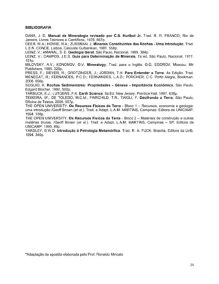29
BIBLIOGRAFIA
DANA, J. D. Manual de Mineralogia revisado por C.S. Hurlbut Jr. Trad. R. R. FRANCO; Rio de
Janeiro, Livros Técnicos e Científicos, 1976. 667p.
DEER, W.A.; HOWIE, R.A.; ZUSSMAN, J. Minerais Constituintes das Rochas - Uma Introdução. Trad.
L.E.N. CONDE. Lisboa, Calouste Gulbenkian, 1981. 558p.
LEINZ, V.; AMARAL, S. E. Geologia Geral. São Paulo, Nacional, 1989. 384p.
LEINZ, V.; CAMPOS, J.E.S. Guia para Determinação de Minerais. 7a ed. São Paulo, Nacional, 1977.
151p.
MILOVSKY, A.V.; KONONOV, O.V. Mineralogy. Trad. para o Inglês: G.G. EGOROV, Moscou: Mir
Publishers, 1985. 320p.
PRESS, F.; SIEVER, R.; GROTZINGER, J.; JORDAN, T.H. Para Entender a Terra. 4a Edição. Trad.
MENEGAT, R.; FERNANDES, P.C.D.; FERNANDES, L.A.D.; PORCHER, C.C. Porto Alegre, Bookman.
2006. 656p.
SUGUIO, K. Rochas Sedimentares: Propriedades - Gênese - Importância Econômica. São Paulo,
Edgard Blücher, 1980. 500p.
TARBUCK, E.J.; LUTGENS, F.K. Earth Science. 8a Ed. New Jersey, Prentice Hall. 1997. 638p.
TEIXEIRA, W.; DE TOLEDO, M.C.M.; FAIRCHILD, T.R.; TAIOLI, F. Decifrando a Terra. São Paulo,
Oficina de Textos. 2000. 557p.
THE OPEN UNIVERSITY. Os Recursos Físicos da Terra - Bloco 1 – Recursos, economia e geologia:
uma introdução /Geoff Brown (et al.). Trad. e Adapt. L.A.M. MARTINS, Campinas: Editora da UNICAMP.
1994. 108p.
THE OPEN UNIVERSITY. Os Recursos Físicos da Terra - Bloco 2 – Materiais de construção e outras
matérias brutas. /Geoff Brown (et al.). Trad. e Adapt. L.A.M. MARTINS, Campinas – SP, Editora da
UNICAMP. 1995. 89p.
YARDLEY, B.W.D. Introdução à Petrologia Metamórfica. Trad. R. A. FUCK. Brasília, Editora da UnB,
1994. 340p.
*Adaptação da apostila elaborada pelo Prof. Ronaldo Mincato
 