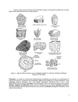 4
A lista a seguir inclui os termos mais comumente usados na descrição do hábito dos minerais,
alguns deles estão representados na figura abaixo.
Figura 1 – Alguns hábitos minerais comuns. Adaptado de Klein, C. e Dutrow, B. Manual of Mineral
Science. 23
a
Ed. 2008
Prismático: os cristais do mineral são freqüentemente constituídos por prismas (ou combinações de
mais de um prisma). Usualmente são empregados adjetivos para qualificar os cristais prismáticos, como
colunares (prismas alongados, com uma direção, geralmente coincidente com o eixo c mais
desenvolvida que as demais); aciculares (muito alongados e finos, com forma que lembra uma agulha);
fibrosos, capilares ou filiformes (ainda mais finos, lembrando fios de cabelo); tabulares (achatados,
com duas direções mais bem desenvolvidas do que a terceira); laminares (alongados e achatados, como
a lâmina de uma faca).
 