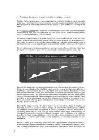 2
1) A escalada do negócio: da sobrevivência à liderança de mercado
Negócio é a forma como uma empresa ganha dinheiro dentro do segmento de mercado
onde atua. Ao iniciar um empreendimento, seus idealizadores precisam definir muito
bem o negócio. É através da assertividade e o foco no negócio certo que se começa a ter
êxito.
E um empreendimento não é idealizado unicamente para sobreviver. Os empreendedores
visam sempre algo mais. Realizar seus desejos (curto prazo), suas vontades (médio
prazo) e também aspirações (longo prazo).
Na realização de um negócio há quase sempre um sonho, um ideal a ser alcançado. Que
pode ir se perdendo ou mudando o rumo com o passar do tempo e dos acontecimentos.
Mas pode, em alguns casos, desde que dirigida para esta rota, ir alcançando ponto a
ponto os ideais e anseios traçados pelo empreendedor desde o início daquele negócio.
De um modo geral as empresas, produtos e serviços seguem fluxos, ciclos de vidas, que
precisam ser entendidos e que em sua maioria obedecem ao seguinte esquema:
Etapa 1: Da idealização do negócio até sua abertura e funcionamento vai algum tempo.
Muitos desistem desde aí. As dificuldades que encontram para abertura, formalização e
localização, capital inicial e de giro, etc., fazem com que a maioria desista do negócio
bem prematuramente. Outros, mais persistentes avançam e iniciam suas empresas, por
vezes com um sonho, que precisa ser rapidamente convertido em uma visão e uma
missão. Visão e missão que traduza necessariamente este sonho ou idealização. Caso
contrário o sonho permanece na sua fase imaginária, ou ilusória em alguns casos.
Tornando assim difícil ou quase impossível a continuidade da empresa rumo ao seu
futuro e desenvolvimento.
Etapa 2: Na etapa seguinte entra-se na fase da busca pela sobrevivência do negócio ou
empresa. É uma fase que ainda não se atingiu um crescimento significativo ou estável,
os primeiros negócios são executados, a empresa começa se mostrar ao mercado e
conquistar seus clientes. Uma fase de vulnerabilidade tanto maior quanto menor os
recursos financeiros, humanos, tecnológicos, etc. que a empresa dispuser para esta fase.
Uma fase em que a organização se encontra em fase de aprendizagem; tudo é muito
novo para a empresa pois ainda não foi sedimentado um ciclo completo em sua
existência.
Etapa 3: Ainda que a empresa tenha crescido anteriormente, conquistado clientes,
aumentado seu capital, formado uma carteira de clientes, contratado mais pessoas, etc.,
não se deve considerar com tendo sido uma fase de crescimento pleno. A empresa se
 
