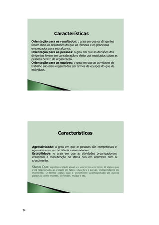 24
Orientação para os resultados: o grau em que os dirigentes
focam mais os resultados do que as técnicas e os processos
empregados para seu alcance.
Orientação para as pessoas: o grau em que as decisões dos
dirigentes levam em consideração o efeito dos resultados sobre as
pessoas dentro da organização.
Orientação para as equipes: o grau em que as atividades de
trabalho são mais organizadas em termos de equipes do que de
indivíduos.
Características
Agressividade: o grau em que as pessoas são competitivas e
agressivas em vez de dóceis e acomodadas.
Estabilidade: o grau em que as atividades organizacionais
enfatizam a manutenção do status quo em contraste com o
crescimento.
Características
Status Quo: significa estado atual, e é um termo em latim. O status quo
está relacionado ao estado de fatos, situações e coisas, independente do
momento. O termo status quo é geralmente acompanhado de outras
palavras como manter, defender, mudar e etc.
 