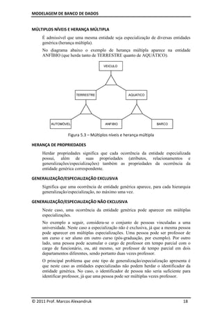 MODELAGEM DE BANCO DE DADOS
© 2011 Prof. Marcos Alexandruk
MÚLTIPLOS NÍVEIS E HERANÇA MÚLTIPLA
É admissível que uma mesma entidade seja especialização de diversas entidades
genérica (herança múltipla).
No diagrama abaixo o exemplo de herança múltipla aparece na entidade
ANFÍBIO (que herda tanto de TERRESTRE quanto de AQUÁTICO
Figura
HERANÇA DE PROPRIEDADES
Herdar propriedades significa que cada ocorrência da entidade especializada
possui, além de suas propriedades (atributos, relacionamentos e
generalizações/especializações) também as propriedades da ocorrê
entidade genérica correspondente.
GENERALIZAÇÃO/ESPECIALIZAÇÃO EXCLUSIVA
Significa que uma ocorrência de entidade genérica aparece, para cada hierarquia
generalização/especialização, no máximo uma vez.
GENERALIZAÇÃO/ESPECIALIZAÇÃO NÃO EXCLUSIVA
Neste caso, uma ocorrência da entidade genérica pode aparecer em múltiplas
especializações.
No exemplo a seguir
universidade. Neste caso a especialização não é exclusiva, já que a mesma pessoa
pode aparecer em múltiplas especializações. Uma pessoa pode ser professor de
um curso e ser aluno em outro curso (pós
lado, uma pessoa pode acumular o cargo de professor em tempo parcial com o
cargo de funcionário, ou, até mesmo, s
departamentos diferentes, sendo portanto duas vezes professor.
O principal problema que este tipo de generalização/especialização apresenta é
que neste caso as entidades especializadas não podem herdar o identificador
entidade genérica. No caso, o identificador de pessoa não seria suficiente para
identificar professor, já que uma pessoa pode ser múltiplas vezes professor.
DE BANCO DE DADOS
© 2011 Prof. Marcos Alexandruk
MÚLTIPLOS NÍVEIS E HERANÇA MÚLTIPLA
admissível que uma mesma entidade seja especialização de diversas entidades
genérica (herança múltipla).
No diagrama abaixo o exemplo de herança múltipla aparece na entidade
(que herda tanto de TERRESTRE quanto de AQUÁTICO
Figura 5.3 – Múltiplos níveis e herança múltipla
HERANÇA DE PROPRIEDADES
Herdar propriedades significa que cada ocorrência da entidade especializada
possui, além de suas propriedades (atributos, relacionamentos e
generalizações/especializações) também as propriedades da ocorrê
entidade genérica correspondente.
GENERALIZAÇÃO/ESPECIALIZAÇÃO EXCLUSIVA
Significa que uma ocorrência de entidade genérica aparece, para cada hierarquia
generalização/especialização, no máximo uma vez.
GENERALIZAÇÃO/ESPECIALIZAÇÃO NÃO EXCLUSIVA
Neste caso, uma ocorrência da entidade genérica pode aparecer em múltiplas
a seguir, considera-se o conjunto de pessoas vinculadas a uma
universidade. Neste caso a especialização não é exclusiva, já que a mesma pessoa
cer em múltiplas especializações. Uma pessoa pode ser professor de
um curso e ser aluno em outro curso (pós-graduação, por exemplo). Por outro
lado, uma pessoa pode acumular o cargo de professor em tempo parcial com o
cargo de funcionário, ou, até mesmo, ser professor de tempo parcial em dois
departamentos diferentes, sendo portanto duas vezes professor.
O principal problema que este tipo de generalização/especialização apresenta é
que neste caso as entidades especializadas não podem herdar o identificador
entidade genérica. No caso, o identificador de pessoa não seria suficiente para
identificar professor, já que uma pessoa pode ser múltiplas vezes professor.
18
admissível que uma mesma entidade seja especialização de diversas entidades
No diagrama abaixo o exemplo de herança múltipla aparece na entidade
(que herda tanto de TERRESTRE quanto de AQUÁTICO).
Herdar propriedades significa que cada ocorrência da entidade especializada
possui, além de suas propriedades (atributos, relacionamentos e
generalizações/especializações) também as propriedades da ocorrência da
Significa que uma ocorrência de entidade genérica aparece, para cada hierarquia
Neste caso, uma ocorrência da entidade genérica pode aparecer em múltiplas
se o conjunto de pessoas vinculadas a uma
universidade. Neste caso a especialização não é exclusiva, já que a mesma pessoa
cer em múltiplas especializações. Uma pessoa pode ser professor de
graduação, por exemplo). Por outro
lado, uma pessoa pode acumular o cargo de professor em tempo parcial com o
er professor de tempo parcial em dois
O principal problema que este tipo de generalização/especialização apresenta é
que neste caso as entidades especializadas não podem herdar o identificador da
entidade genérica. No caso, o identificador de pessoa não seria suficiente para
identificar professor, já que uma pessoa pode ser múltiplas vezes professor.
 