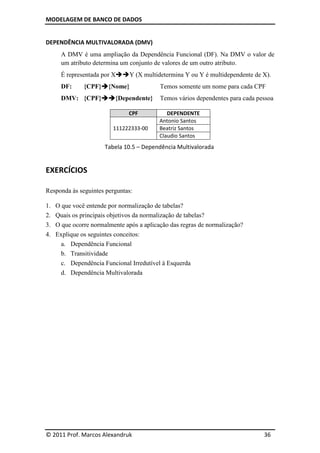 MODELAGEM DE BANCO DE DADOS
© 2011 Prof. Marcos Alexandruk 36
DEPENDÊNCIA MULTIVALORADA (DMV)
A DMV é uma ampliação da Dependência Funcional (DF). Na DMV o valor de
um atributo determina um conjunto de valores de um outro atributo.
É representada por X Y (X multidetermina Y ou Y é multidependente de X).
DF: {CPF} {Nome} Temos somente um nome para cada CPF
DMV: {CPF} {Dependente} Temos vários dependentes para cada pessoa
CPF DEPENDENTE
111222333-00
Antonio Santos
Beatriz Santos
Claudio Santos
Tabela 10.5 – Dependência Multivalorada
EXERCÍCIOS
Responda às seguintes perguntas:
1. O que você entende por normalização de tabelas?
2. Quais os principais objetivos da normalização de tabelas?
3. O que ocorre normalmente após a aplicação das regras de normalização?
4. Explique os seguintes conceitos:
a. Dependência Funcional
b. Transitividade
c. Dependência Funcional Irredutível à Esquerda
d. Dependência Multivalorada
 