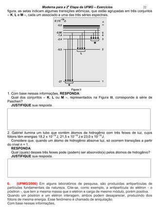 Moderna para a 2a
Etapa da UFMG – Exercícios 22
figura, as setas indicam algumas transições atômicas, que estão agrupadas em três conjuntos
– K, L e M –, cada um associado a uma das três séries espectrais.
1. Com base nessas informações, RESPONDA:
Qual dos conjuntos – K, L ou M –, representados na Figura II, corresponde à série de
Paschen?
JUSTIFIQUE sua resposta.
2. Gabriel ilumina um tubo que contém átomos de hidrogênio com três feixes de luz, cujos
fótons têm energias 18,2 x 10–19
J, 21,5 x 10–19
J e 23,0 x 10–19
J.
Considere que, quando um átomo de hidrogênio absorve luz, só ocorrem transições a partir
do nível n = 1.
RESPONDA:
Qual (quais) desses três feixes pode (podem) ser absorvido(s) pelos átomos de hidrogênio?
JUSTIFIQUE sua resposta.
6. (UFMG/2006) Em alguns laboratórios de pesquisa, são produzidas antipartículas de
partículas fundamentais da natureza. Cite-se, como exemplo, a antipartícula do elétron - o
pósitron -, que tem a mesma massa que o elétron e carga de mesmo módulo, porém positiva.
Quando um pósitron e um elétron interagem, ambos podem desaparecer, produzindo dois
fótons de mesma energia. Esse fenômeno é chamado de aniquilação.
Com base nessas informações,
 